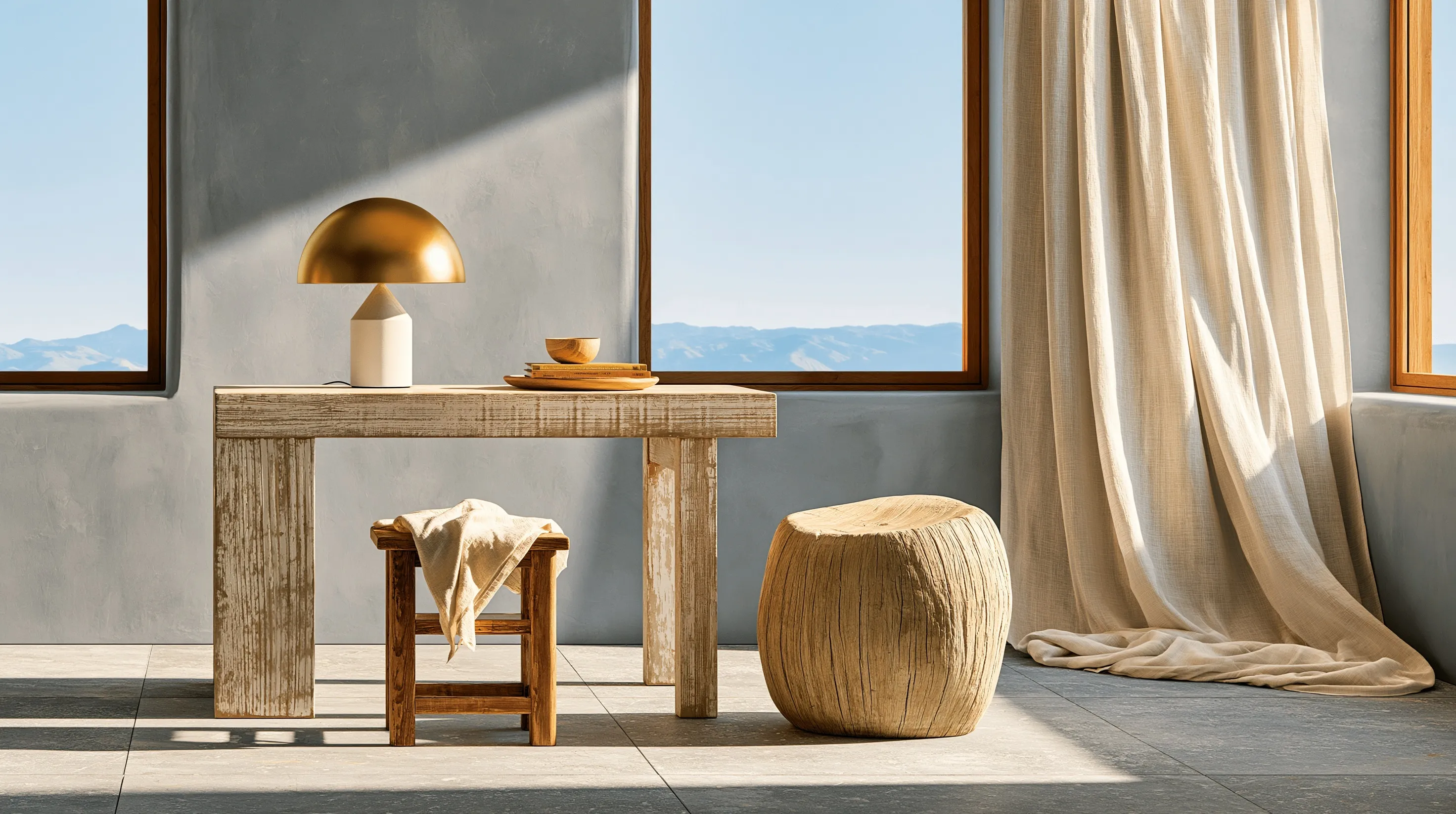 A minimalist contemporary workspace featuring a distressed light wood console table, gold lamp, and stool.
