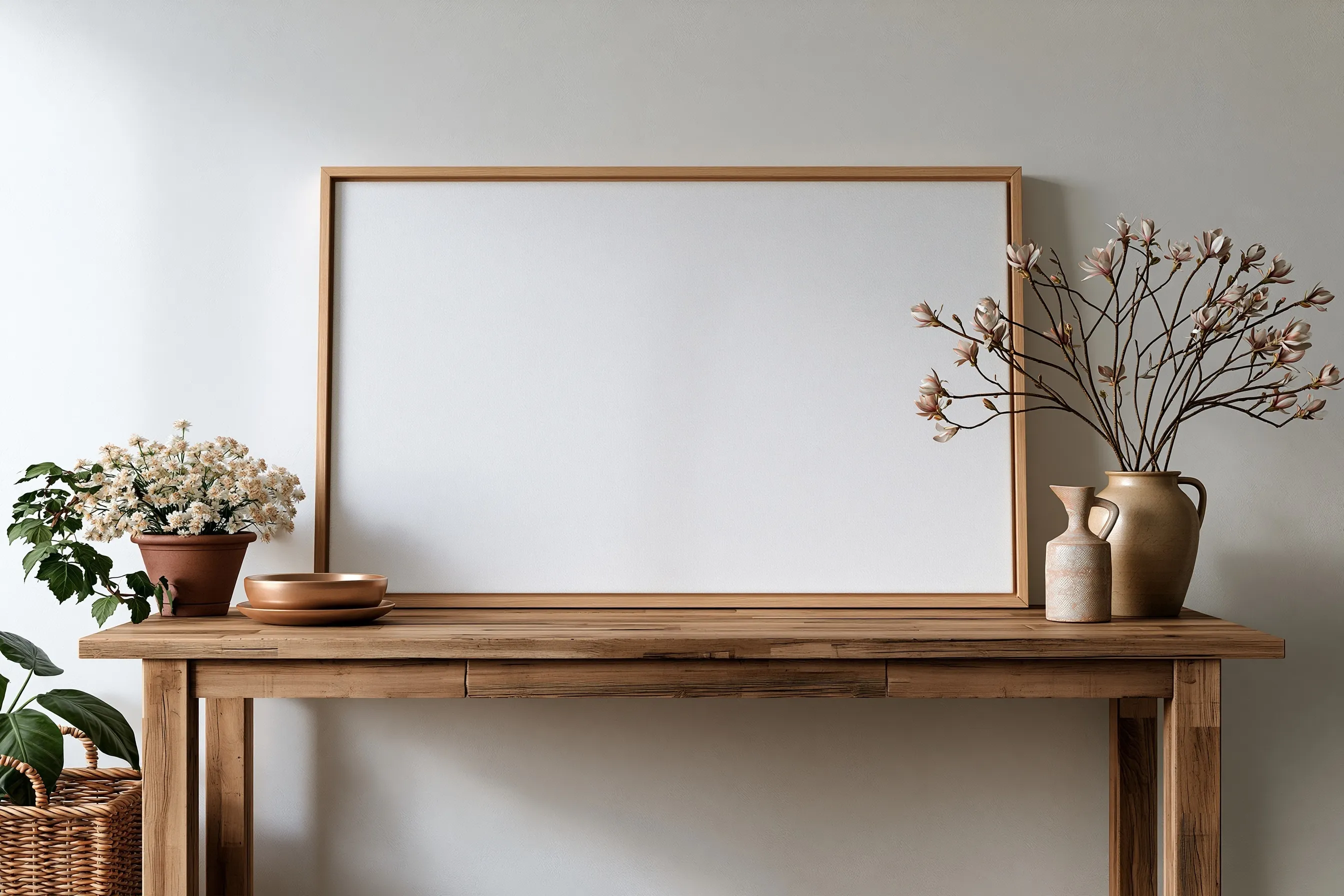 Large blank white landscape canvas in a minimalist oak frame resting on a rustic wooden desk in a bright room.