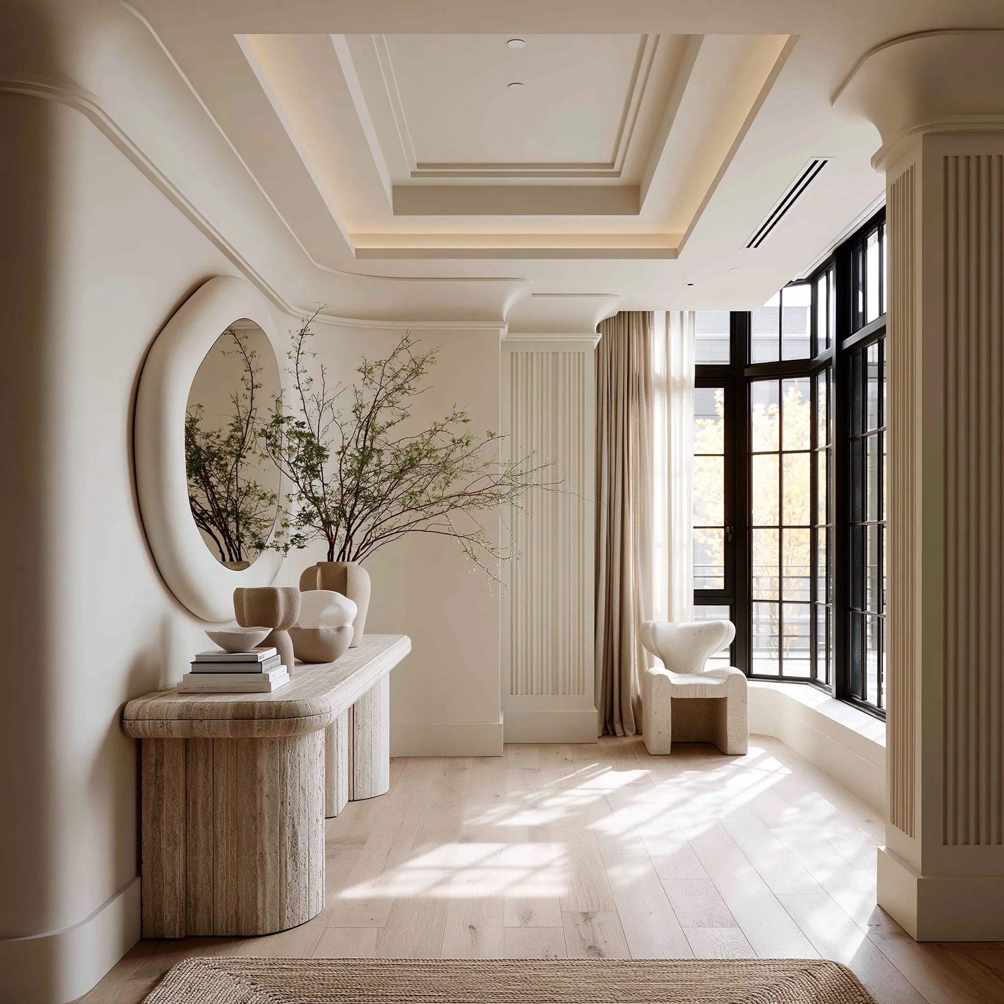 Modern entryway with a curved travertine console table, sculptural decor, and an organic mirror in a neutral room.