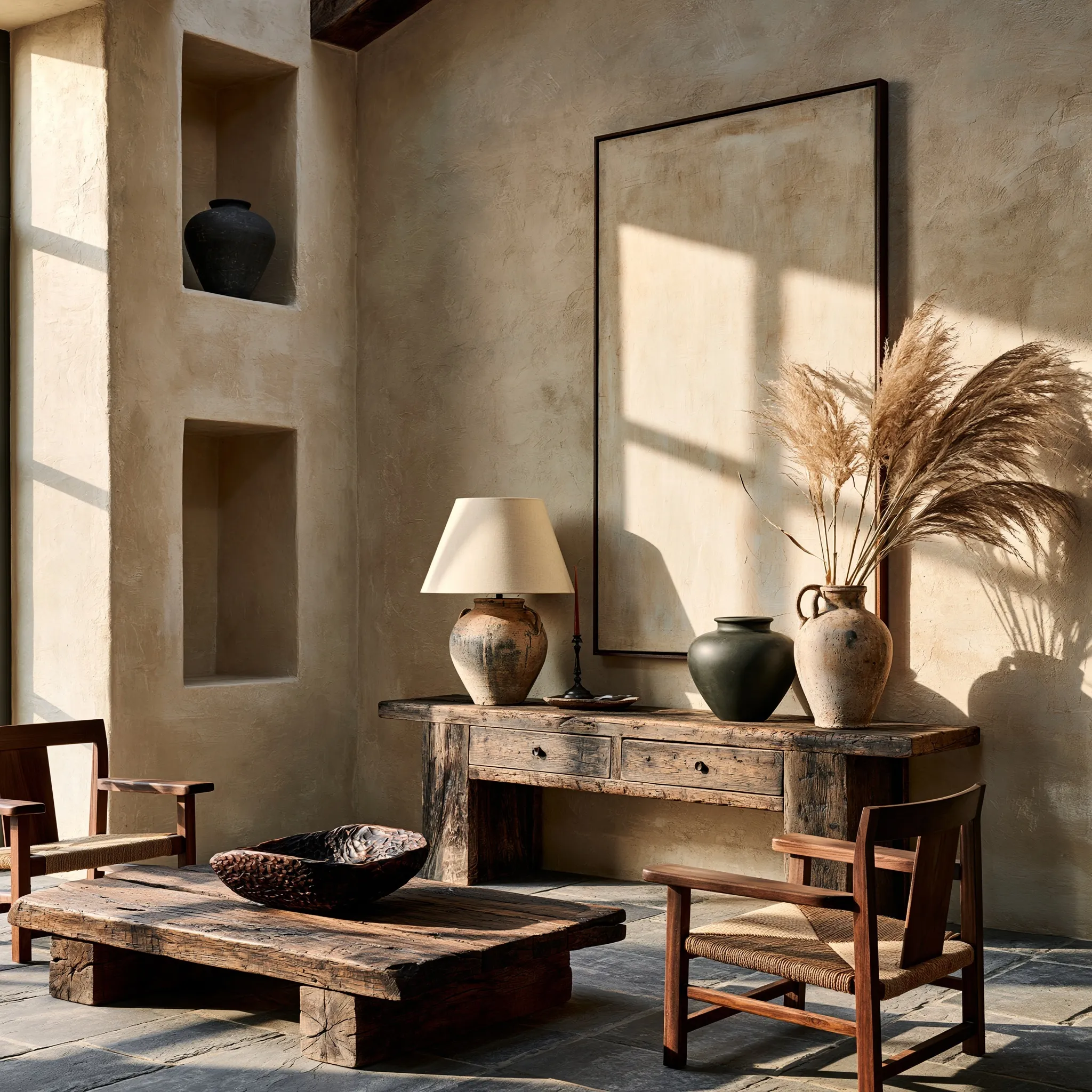 Wabi-sabi study featuring a small elm wood console table, blank canvas, and minimalist decor in neutral tones.