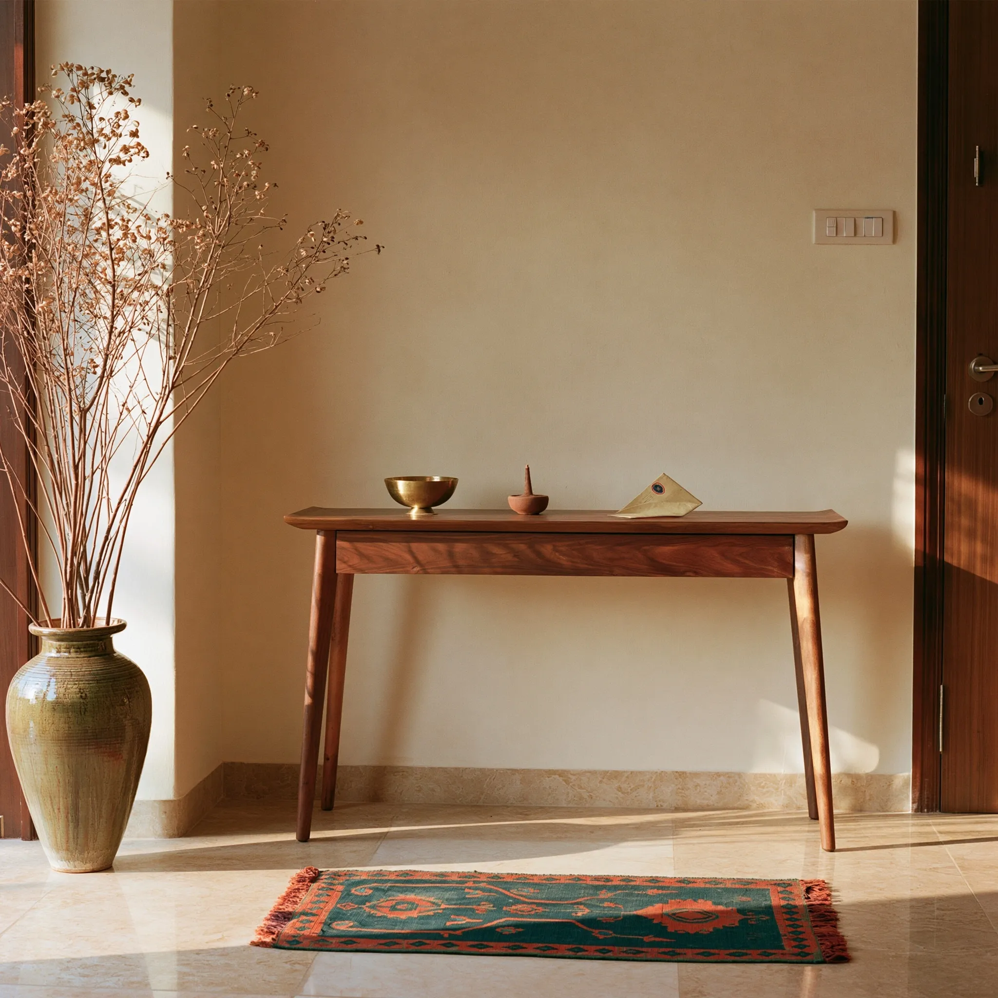 Slim wooden console table in a modern Mumbai apartment entryway with a brass bowl, clay diya, and ceramic vase.
