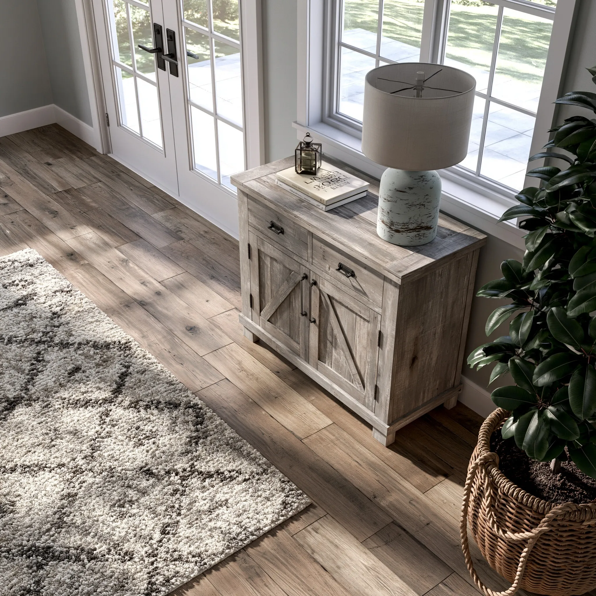 Antique gray distressed wooden console table with a matching table lamp in an American farmhouse living room.
