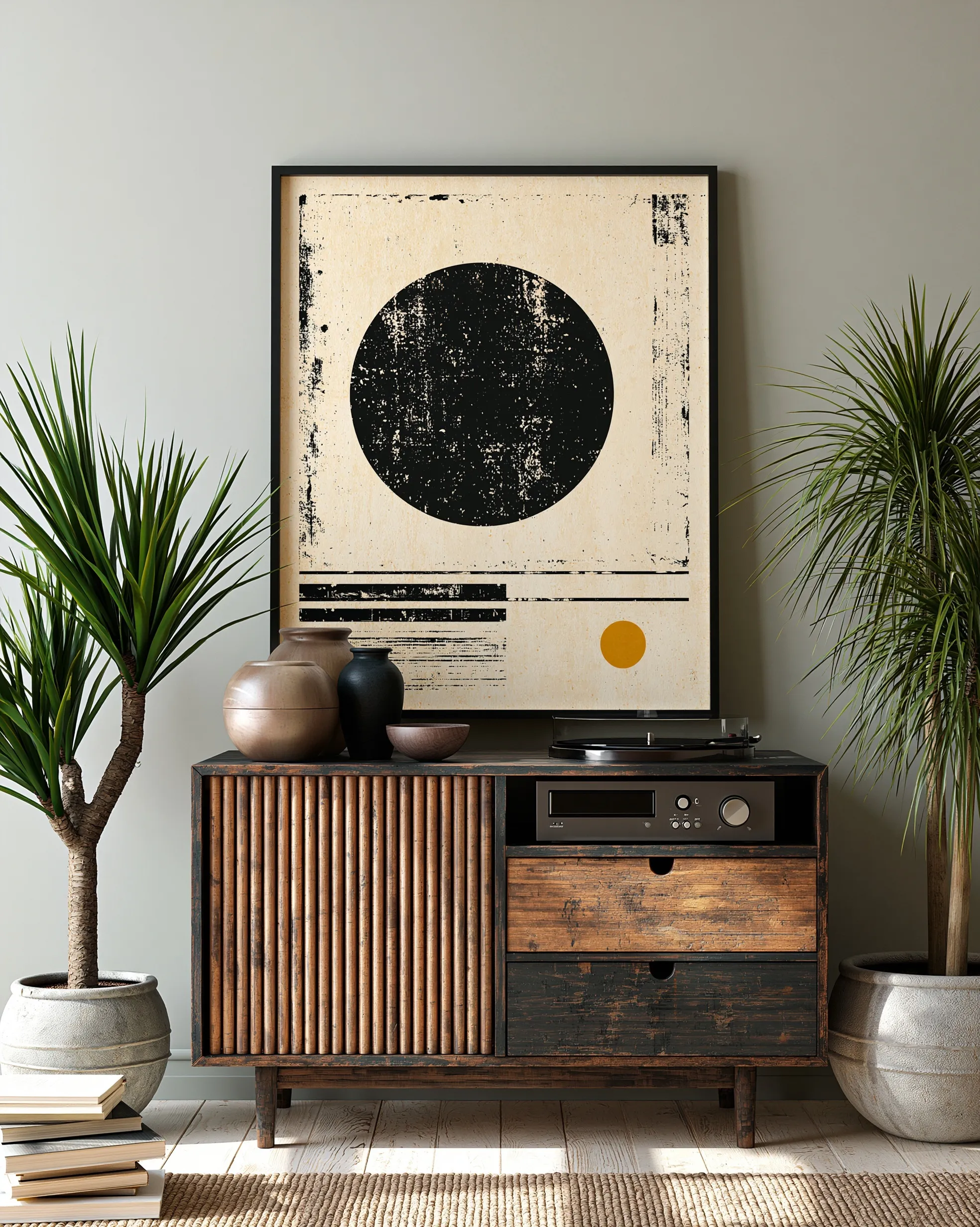Minimalist mid-century modern art print featuring a charcoal circle and ochre dot on textured cream paper.