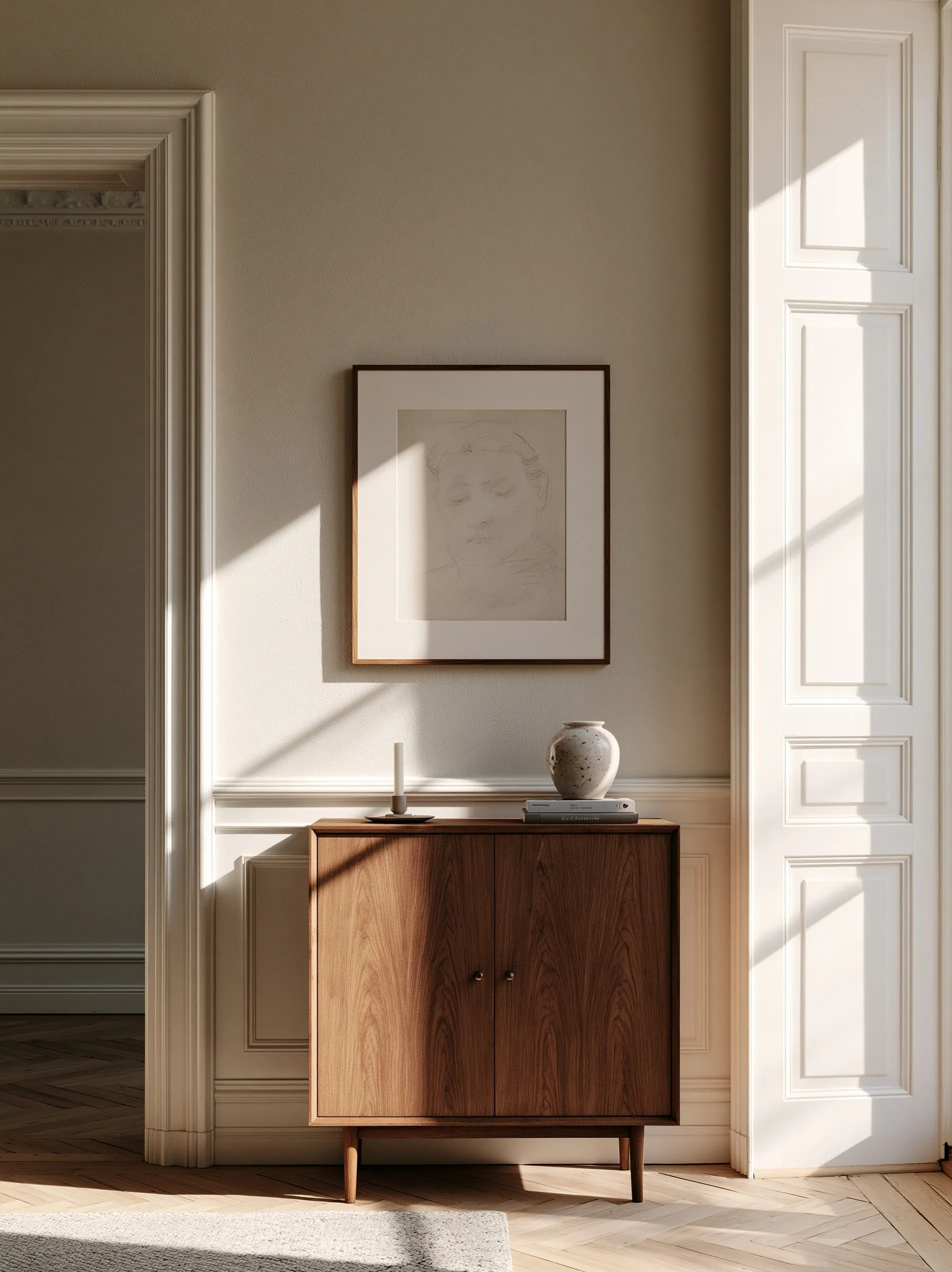 A small wooden console table with a vase and books against a beige wall in a sunlit, elegant Parisian apartment.