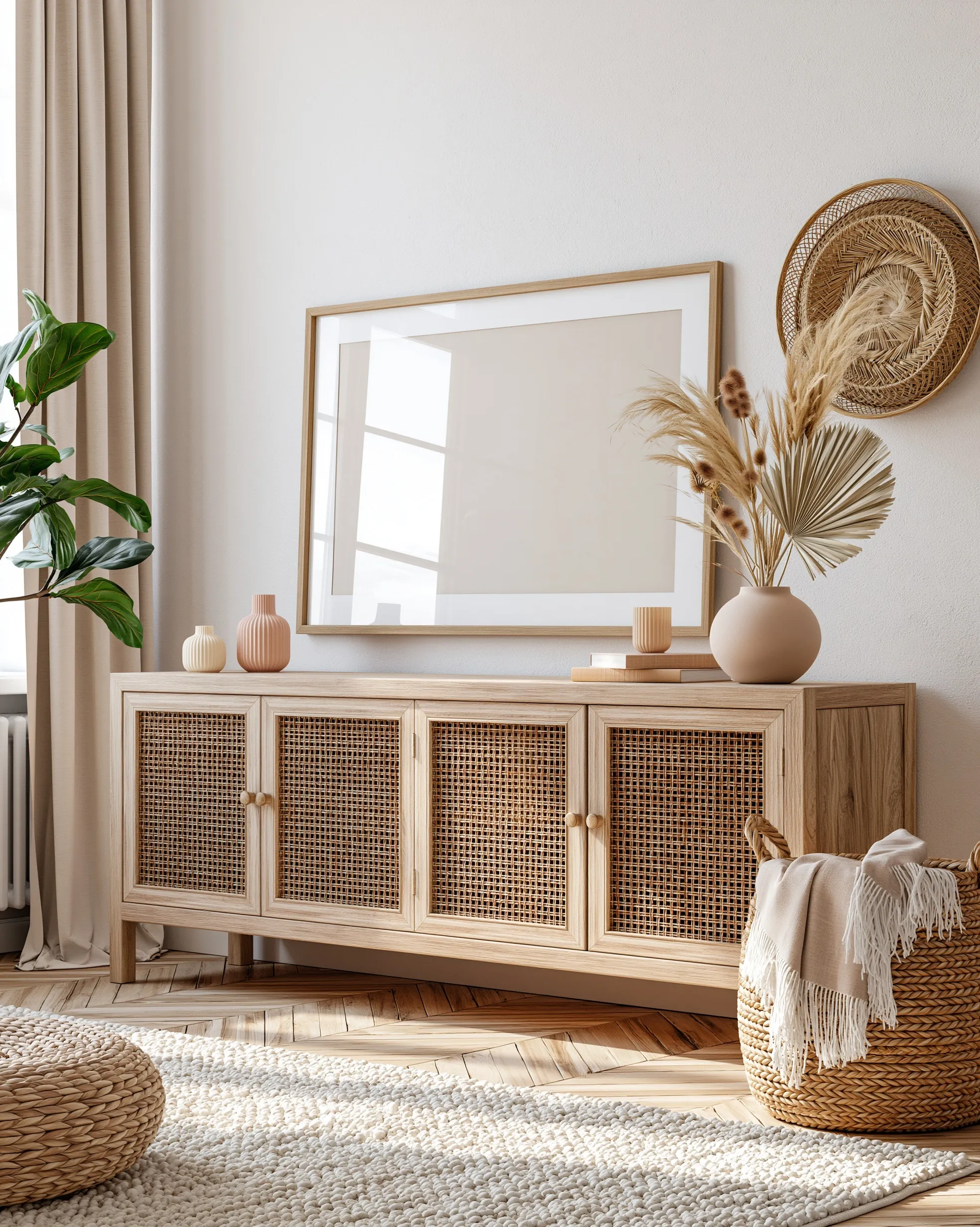 Horizontal poster mockup on a wicker wood console table with pastel glass vases in a neutral rustic cabin interior.