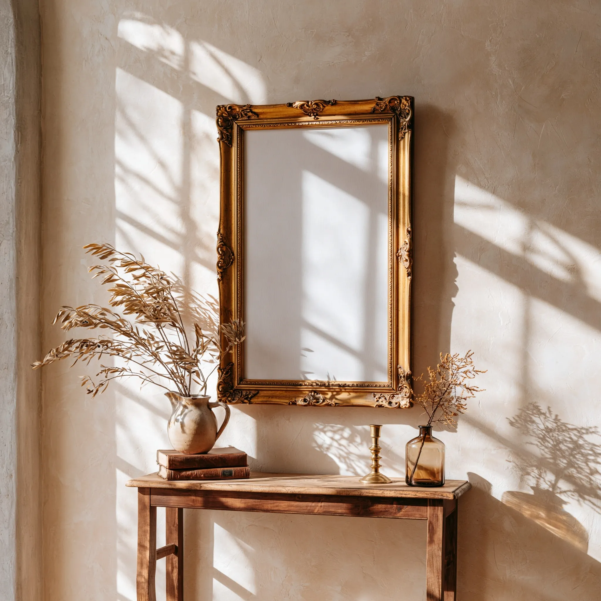 Ornate gold frame with blank canvas above a vintage wooden console table with decor against a cream plaster wall.