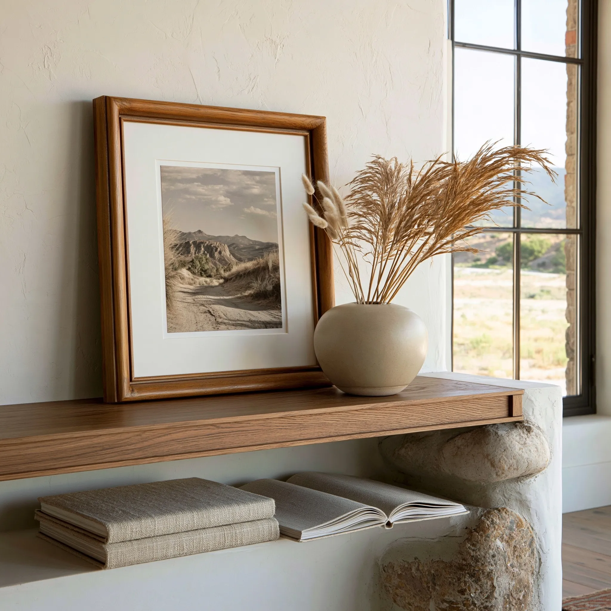 Vertical 4x5 art frame mockup on a warm oak console table with a ceramic vase and linen books in a cozy home setting.