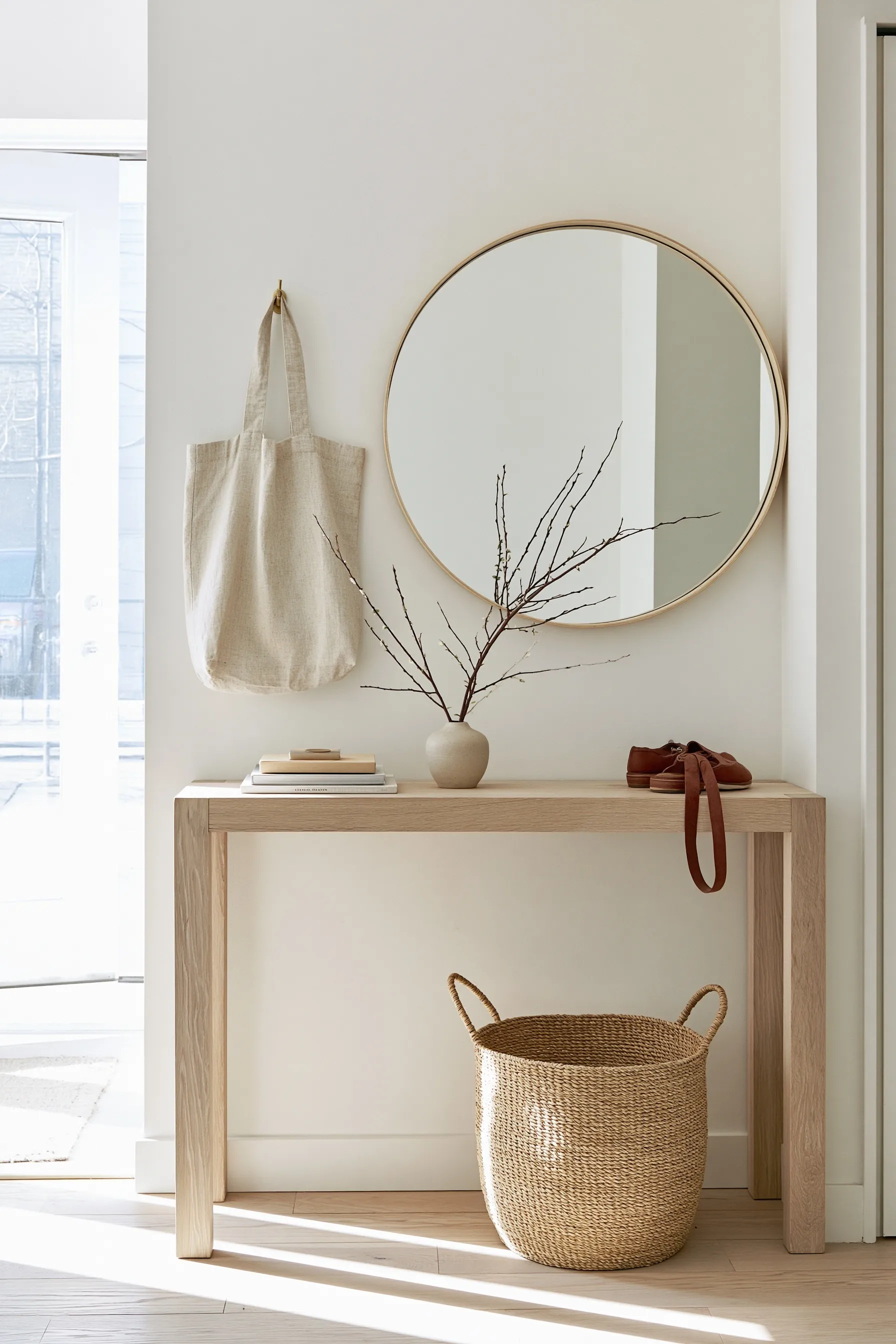A light oak console table in a minimalist apartment entryway with a round mirror, basket, and soft morning sunlight.
