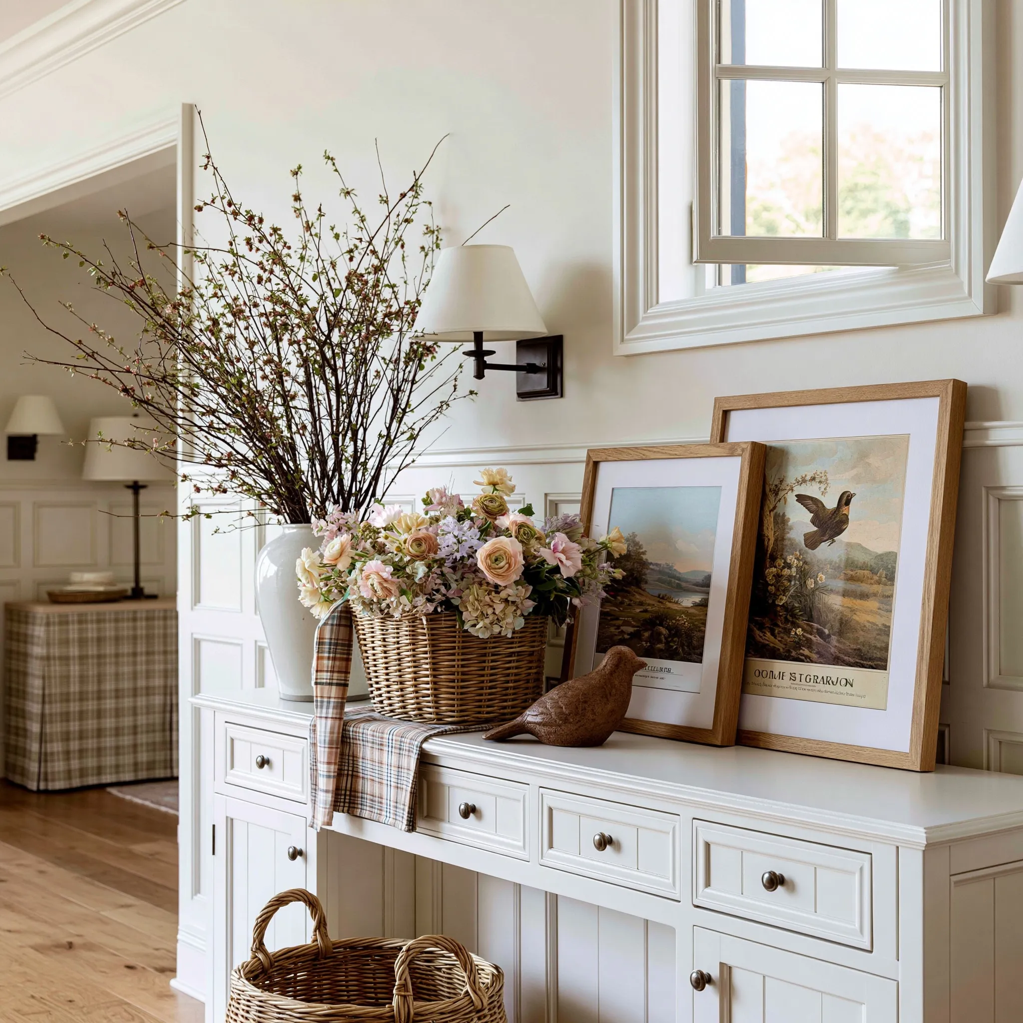 Modern farmhouse console table with framed art, ceramic bird, and spring flowers against a wainscoting wall.