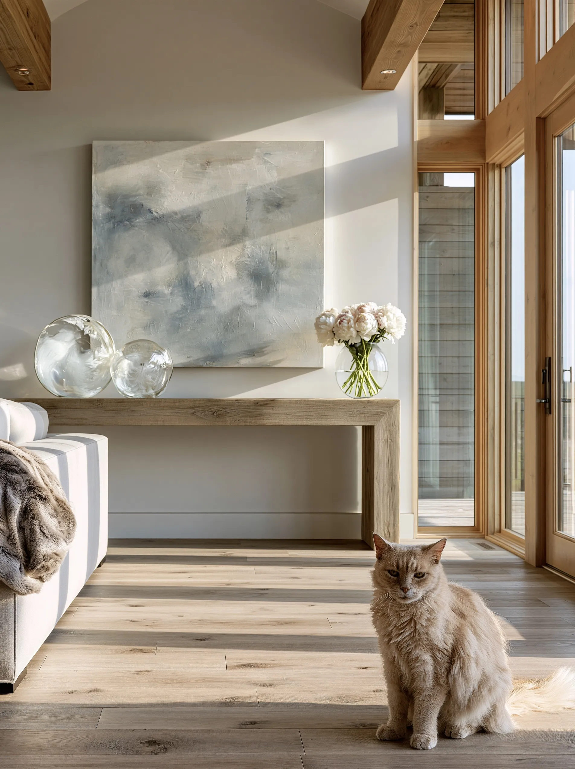 Modern mountain entryway featuring a console table, abstract wall art, glass sculptures, peonies, and a ginger cat.