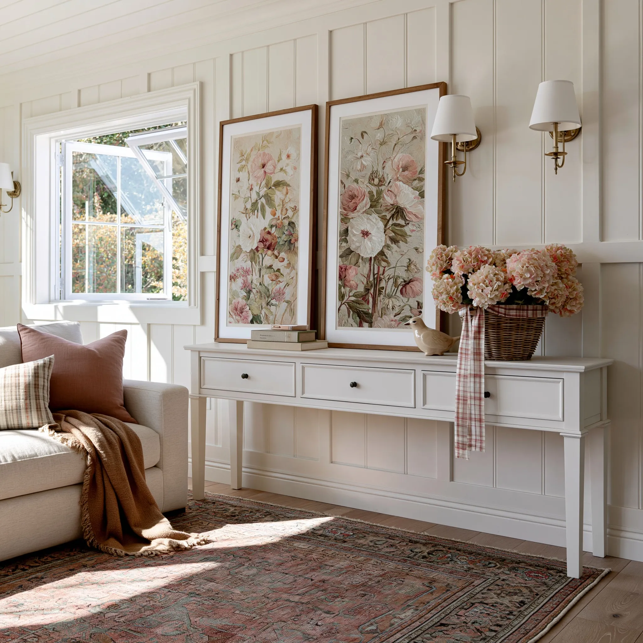 Modern farmhouse console table with framed art, ceramic bird, and flowers against a white paneled wall.