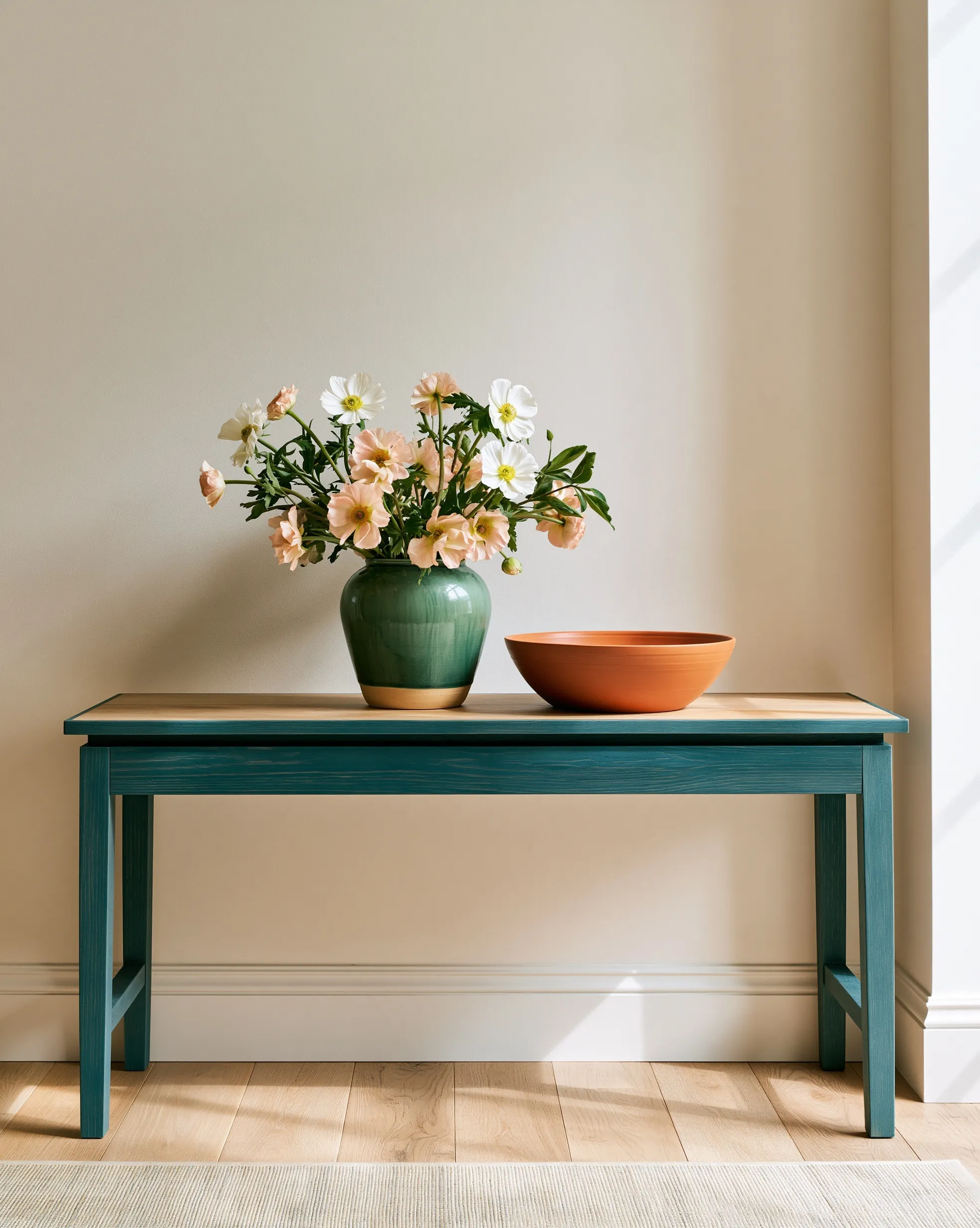 A cozy hallway console table featuring a key bowl, flowers, and soft textures in emerald green and peach tones.