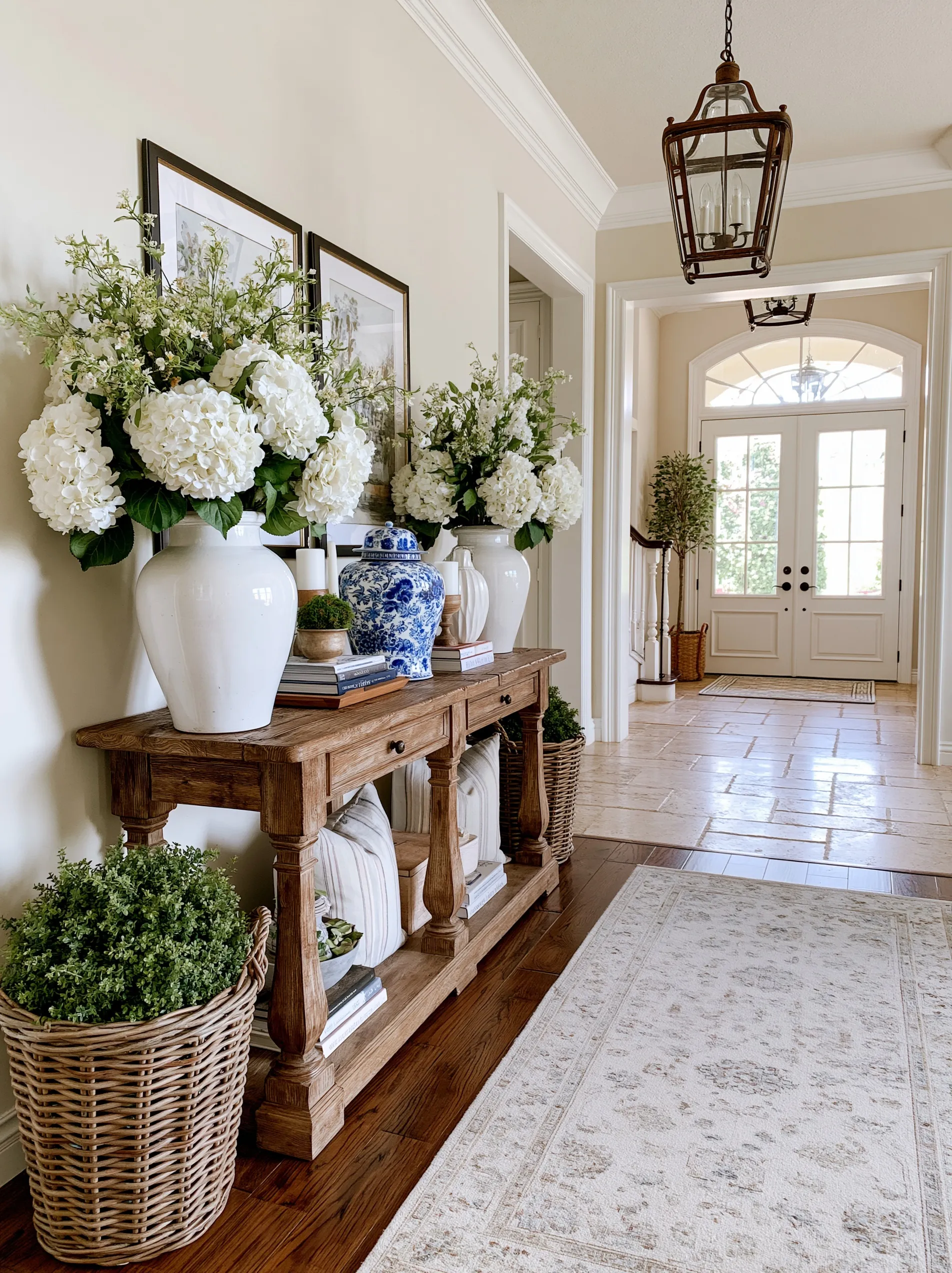 A sleek small console table in an elegant entryway featuring a fresh, sophisticated, and cheerful color palette.