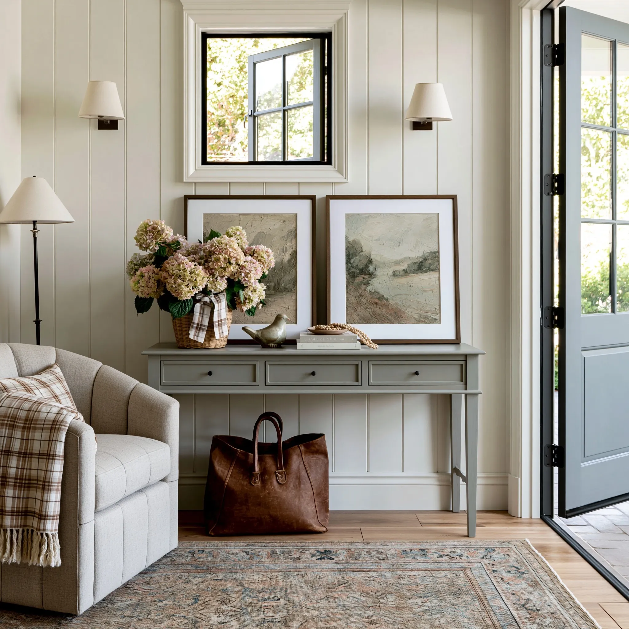 Modern farmhouse console table with framed art, ceramic bird, and hydrangea basket against a white paneled wall.