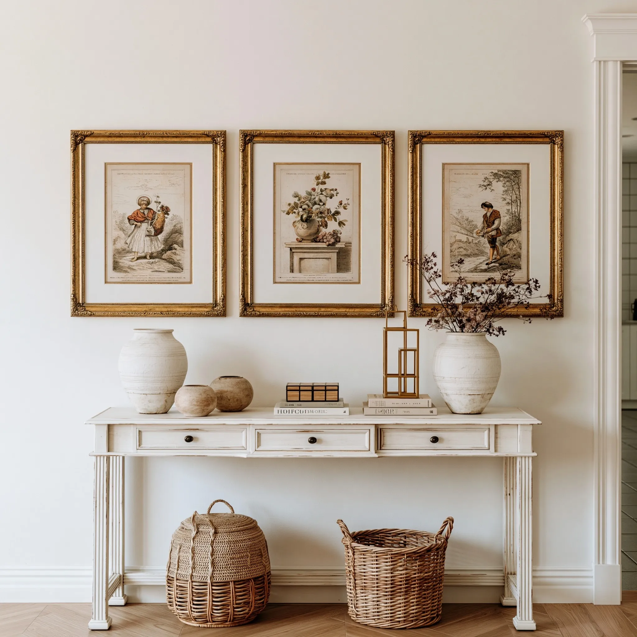 Three vintage gold-framed art prints above a white console table in a minimalist entryway.