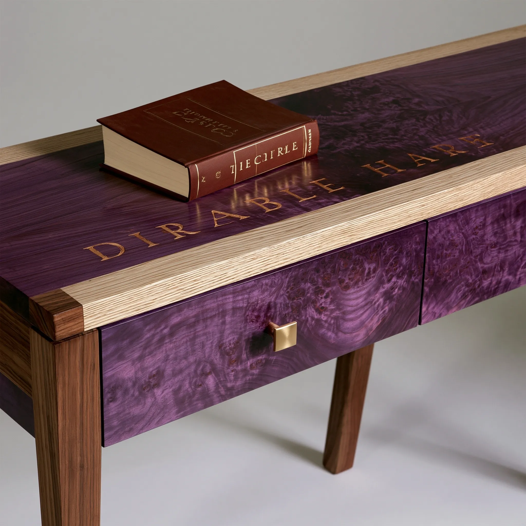 A sleek purple heart wood console table featuring decorative engraved word art in a modern interior setting.