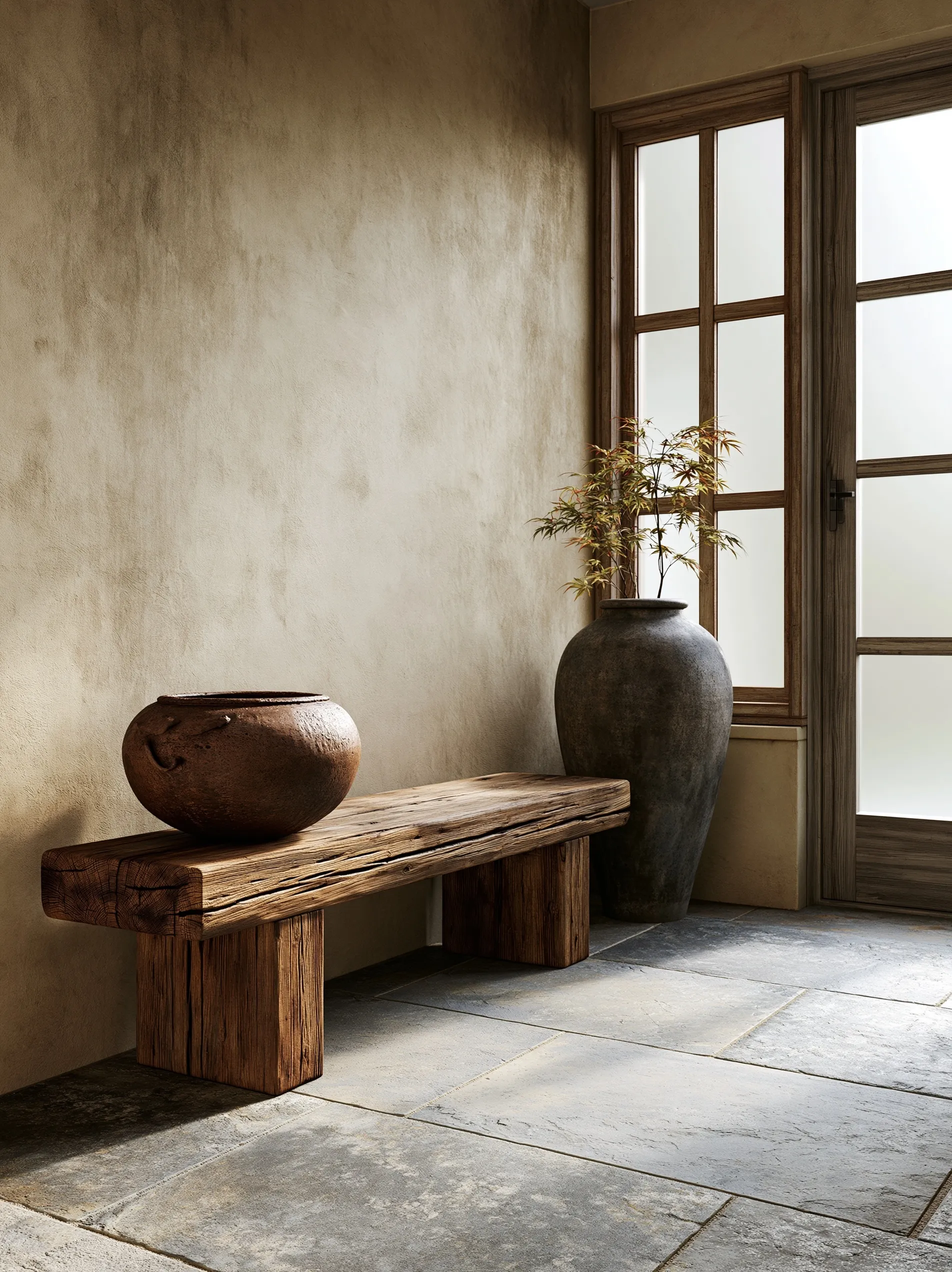 Minimalist Japandi console table in a neutral entrance hall with lime plaster walls and natural oak bench.