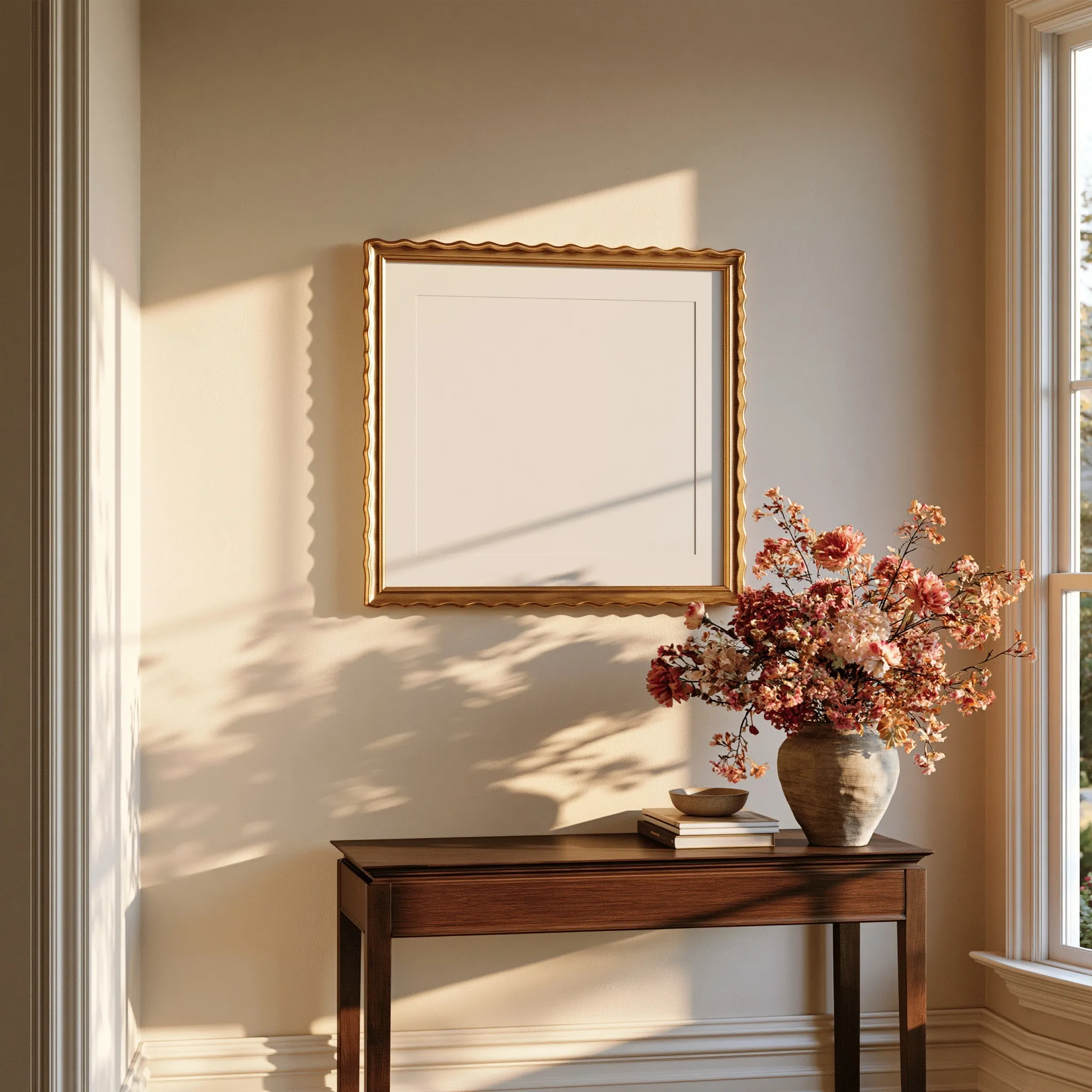 Thin wavy gold scalloped picture frame on a cream wall above a dark wood console table in a minimalist entryway.