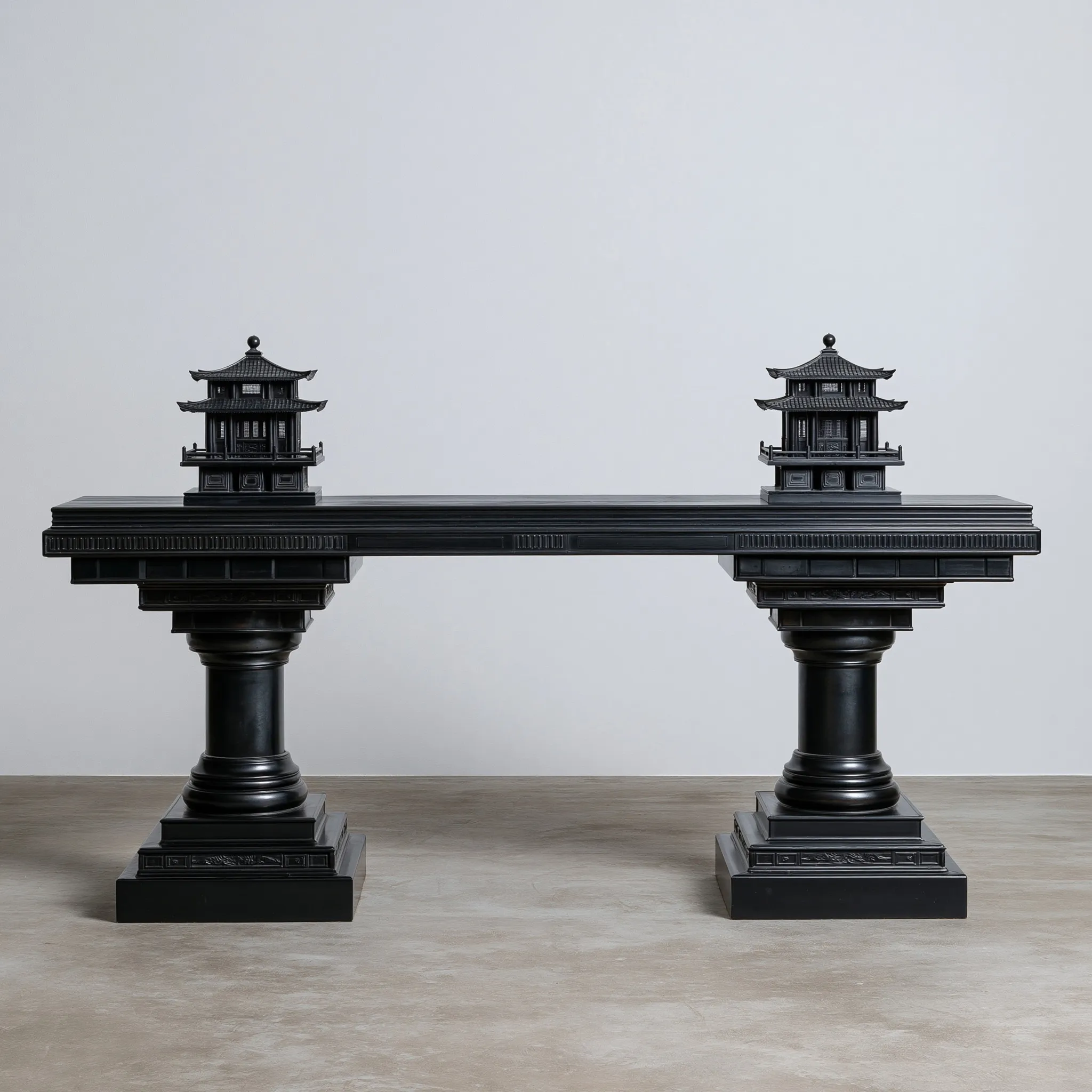 A sleek black wood console table in the iconic Jean Royère pagode style, perfect for luxury interior design.