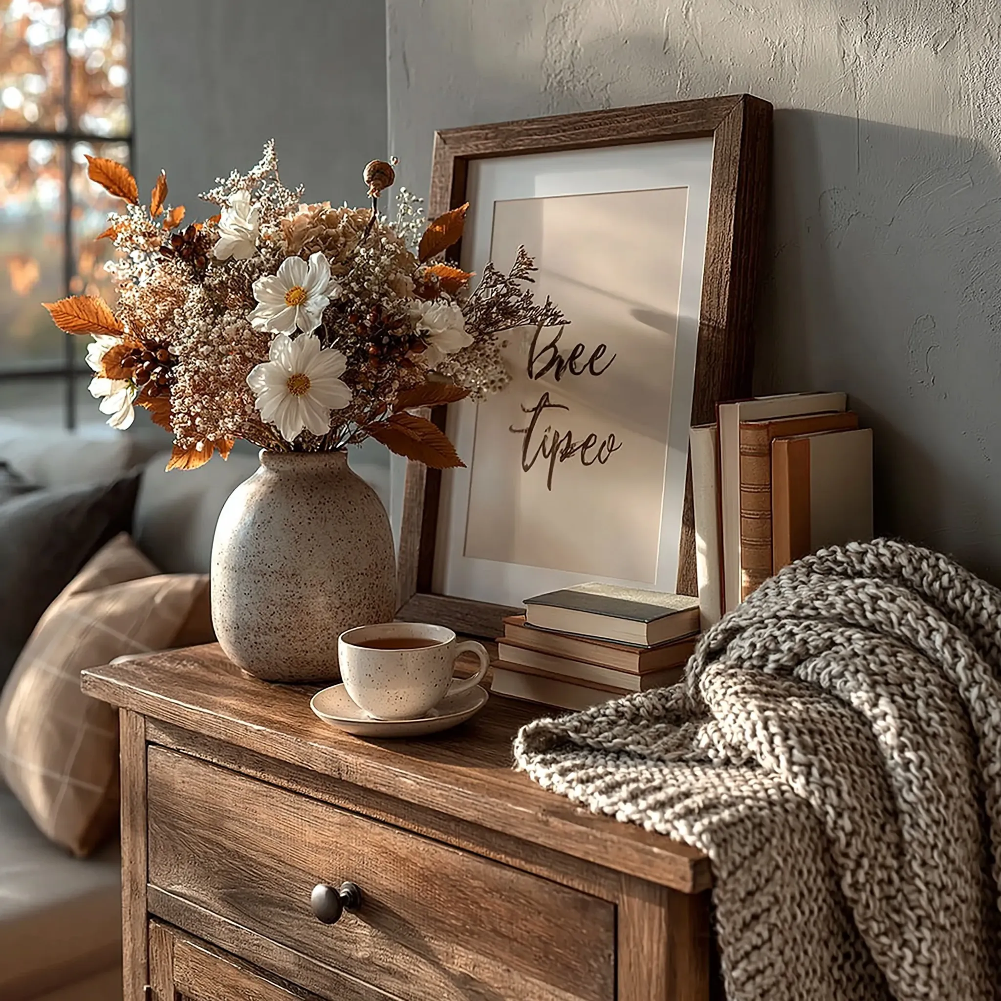 A poster frame leaning on a wooden console table with books and tea in a cozy dark academia aesthetic.