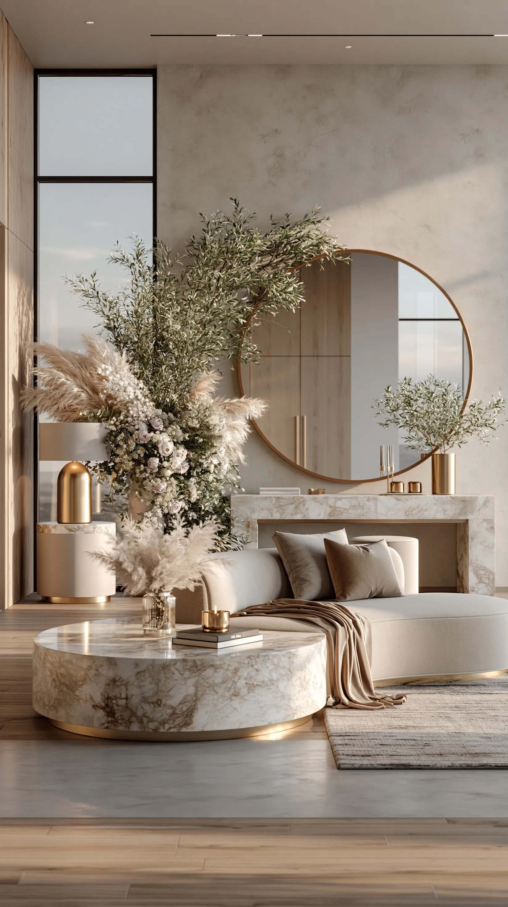 A sleek marble console table in a luxury penthouse bedroom at dusk with warm ambient lighting and soft shadows.