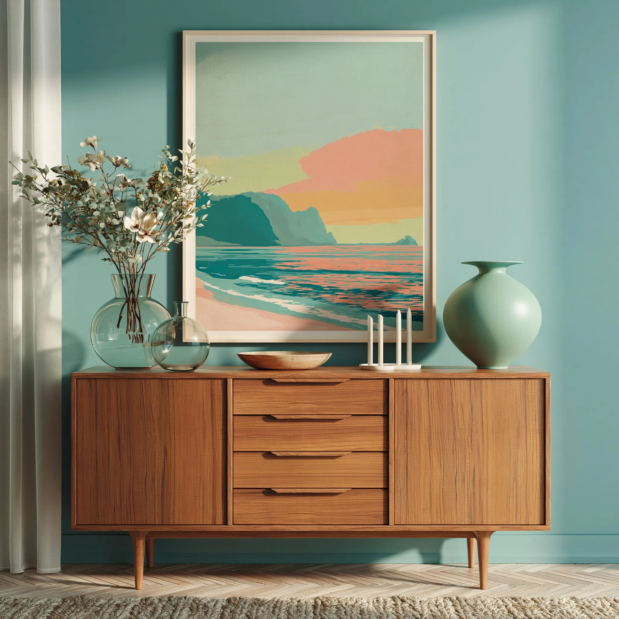Stylish console table with coastal decor, Hawaii poster, and glass vases against a blue wall in a dreamy interior.