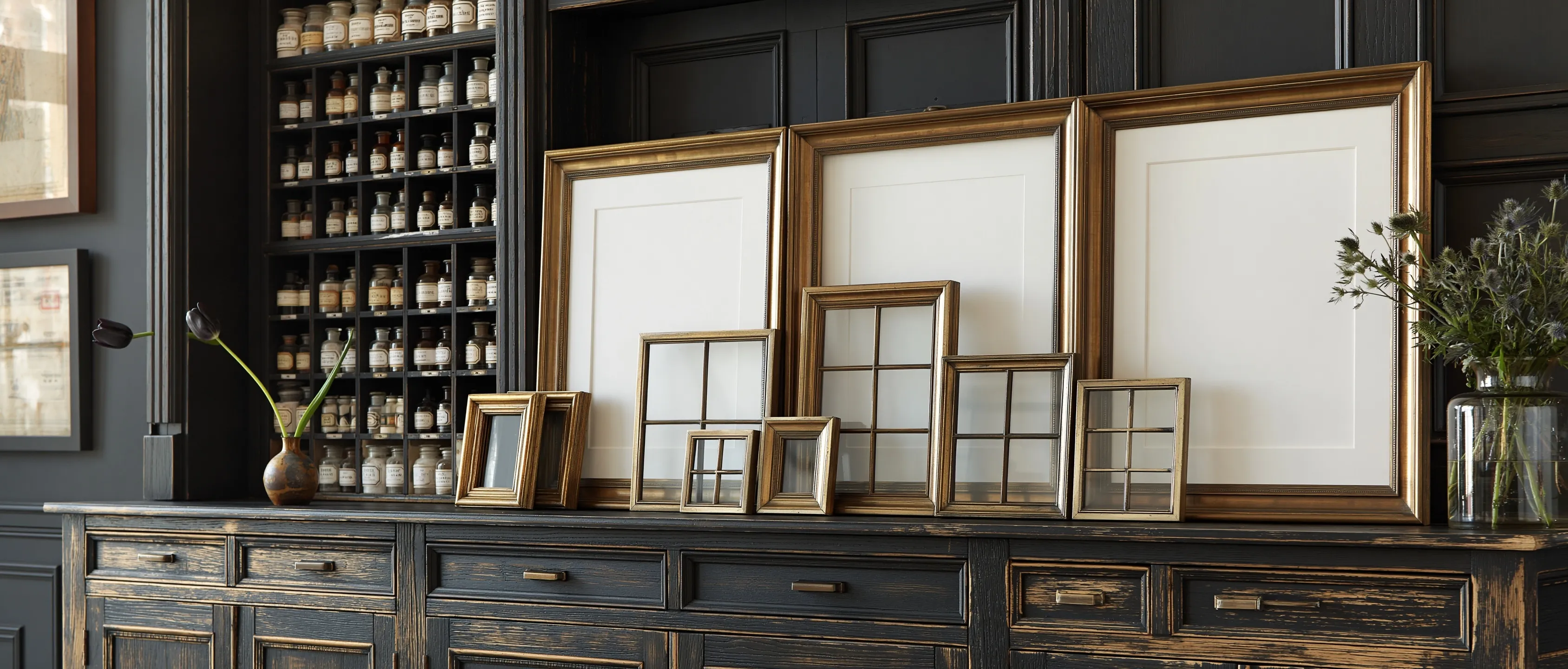 Minimalist console table with brass picture frames and apothecary shelves in a moody, contemporary interior.