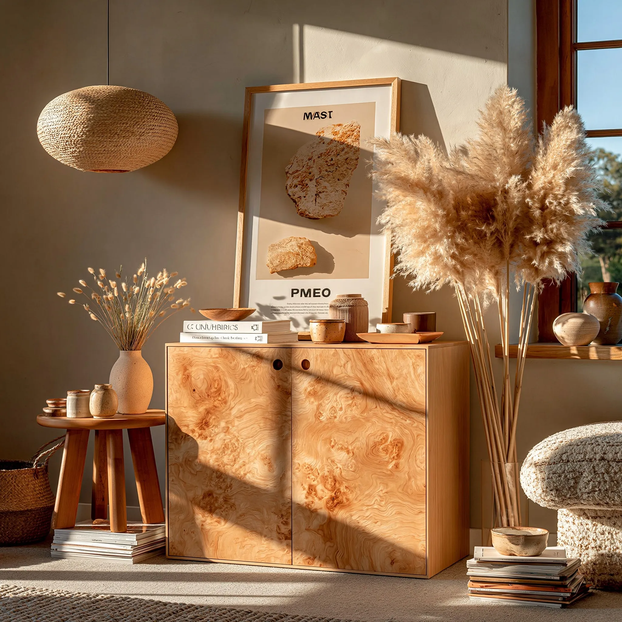 A simple empty poster frame leaning on a wooden console table in a dark academia style cozy room with soft lighting.