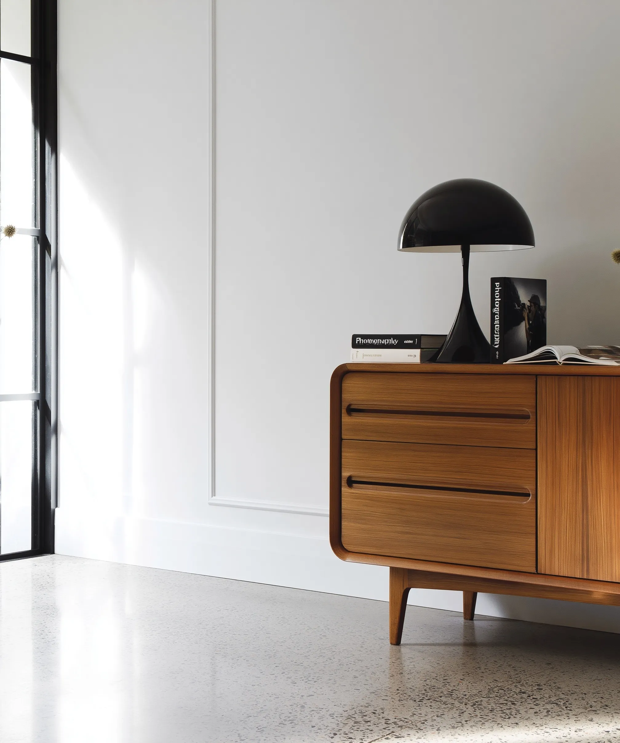 Mid-century modern console table with books and lamp against a blank white wall for interior design mockups.