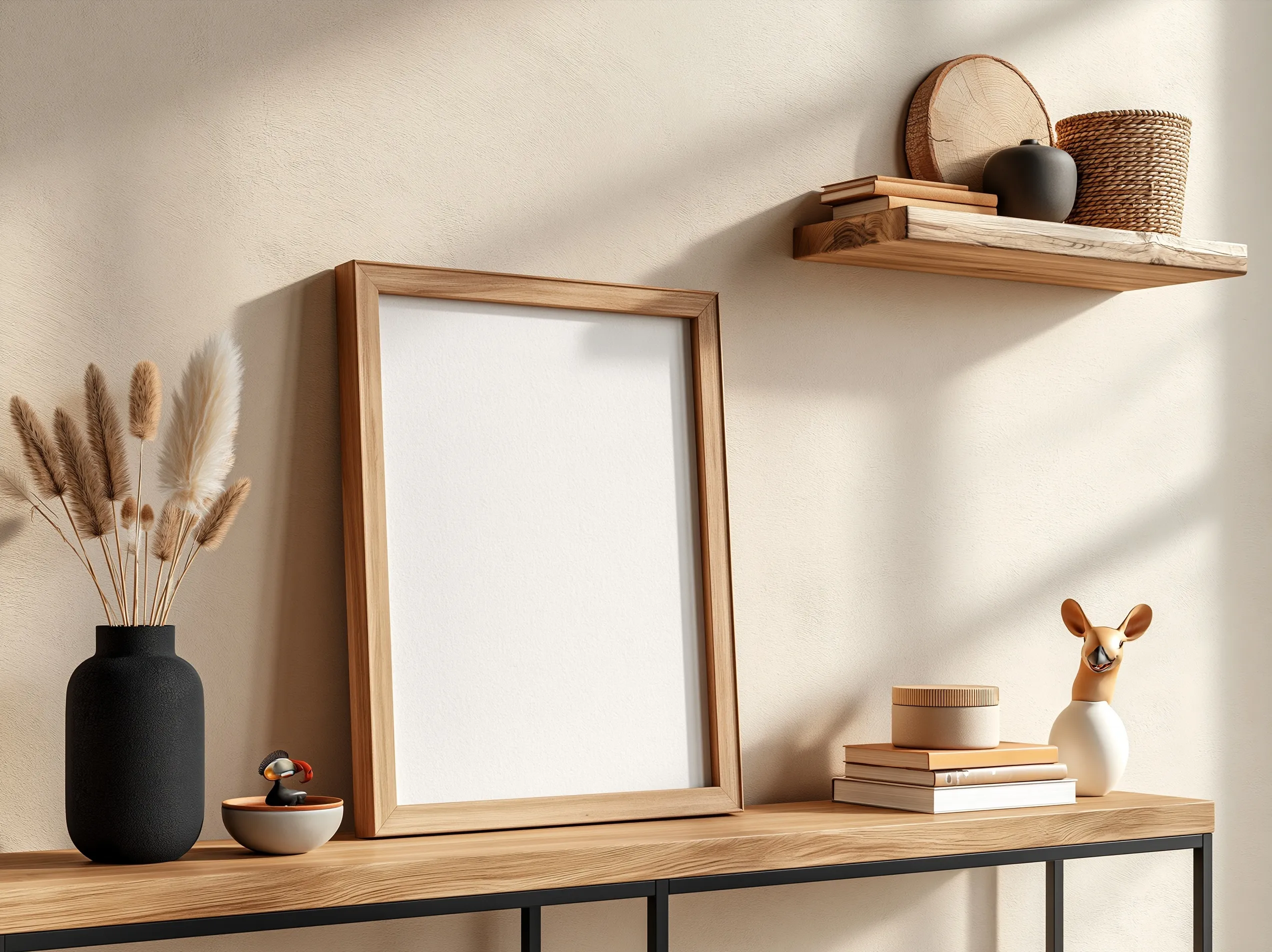 A blank poster frame sitting on a minimalist beige console table against a clean wall.