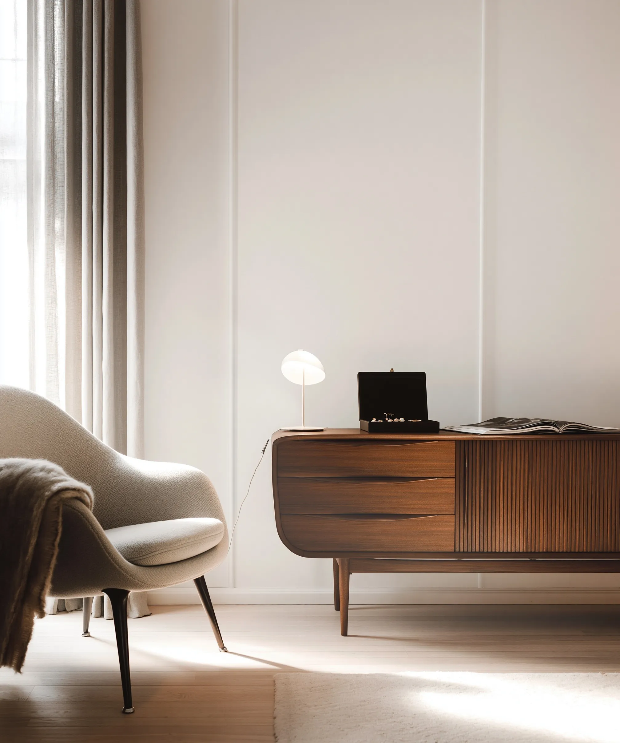 Mid-century modern small console table with jewelry and lamp against a blank white wall for interior design mockup.
