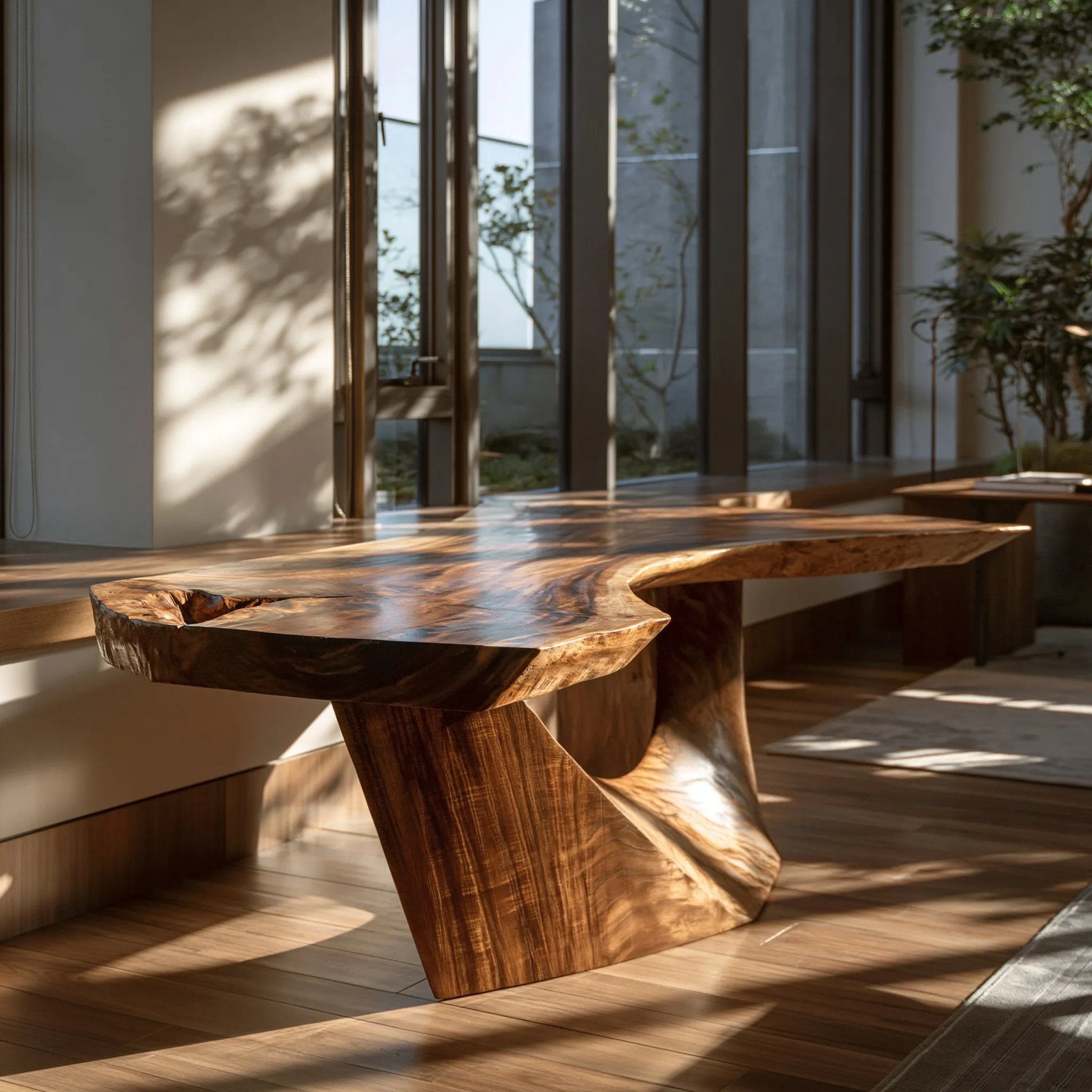 A sculptural monkey pod wood console table with organic live-edge design in a sunlit modern home office.