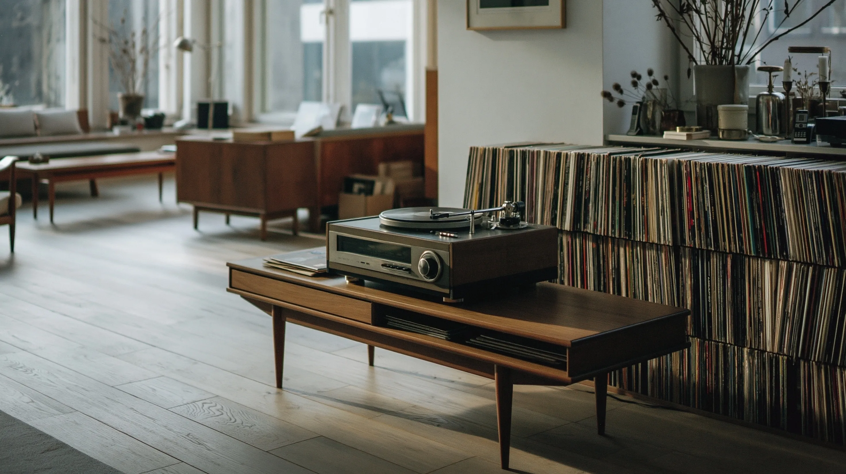 Minimalist listening room featuring a vintage turntable on a modern wooden console table with vinyl record collection.