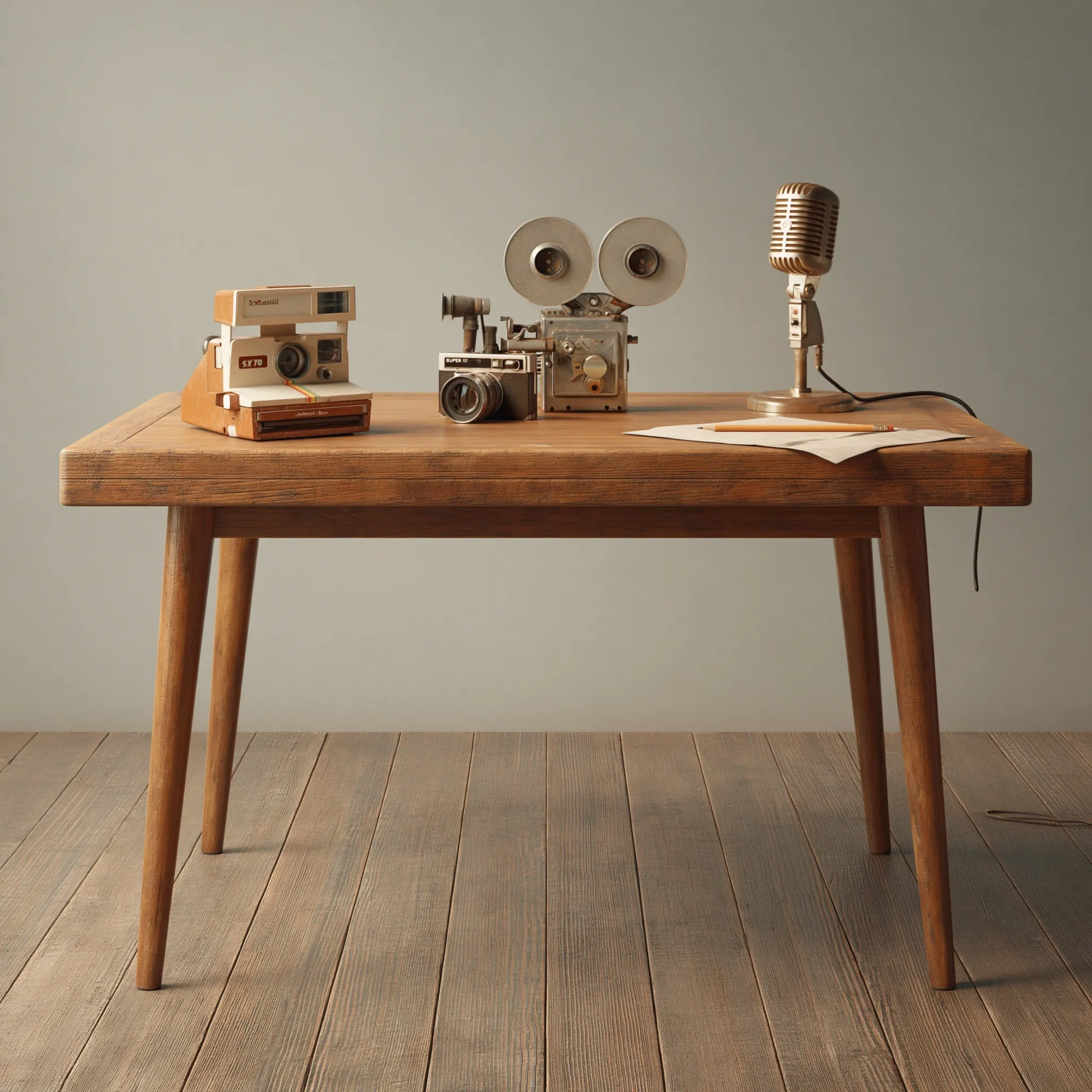 Teak console table featuring a vintage Polaroid camera, Super 8 camera, Shure microphone, and pencil on paper.