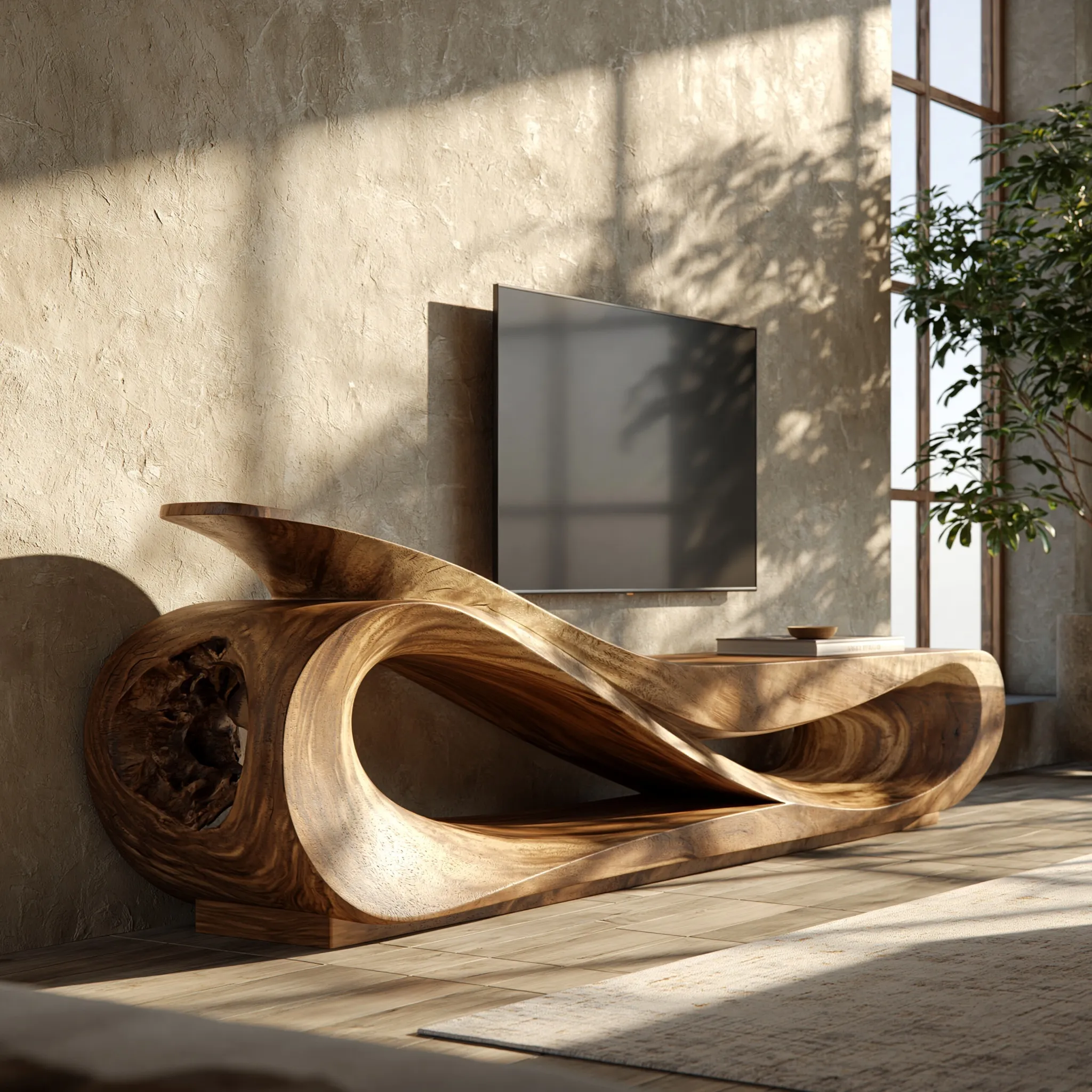 Organic sculptural monkeypod wood console table with wave-like curves in a minimalist luxury living room.
