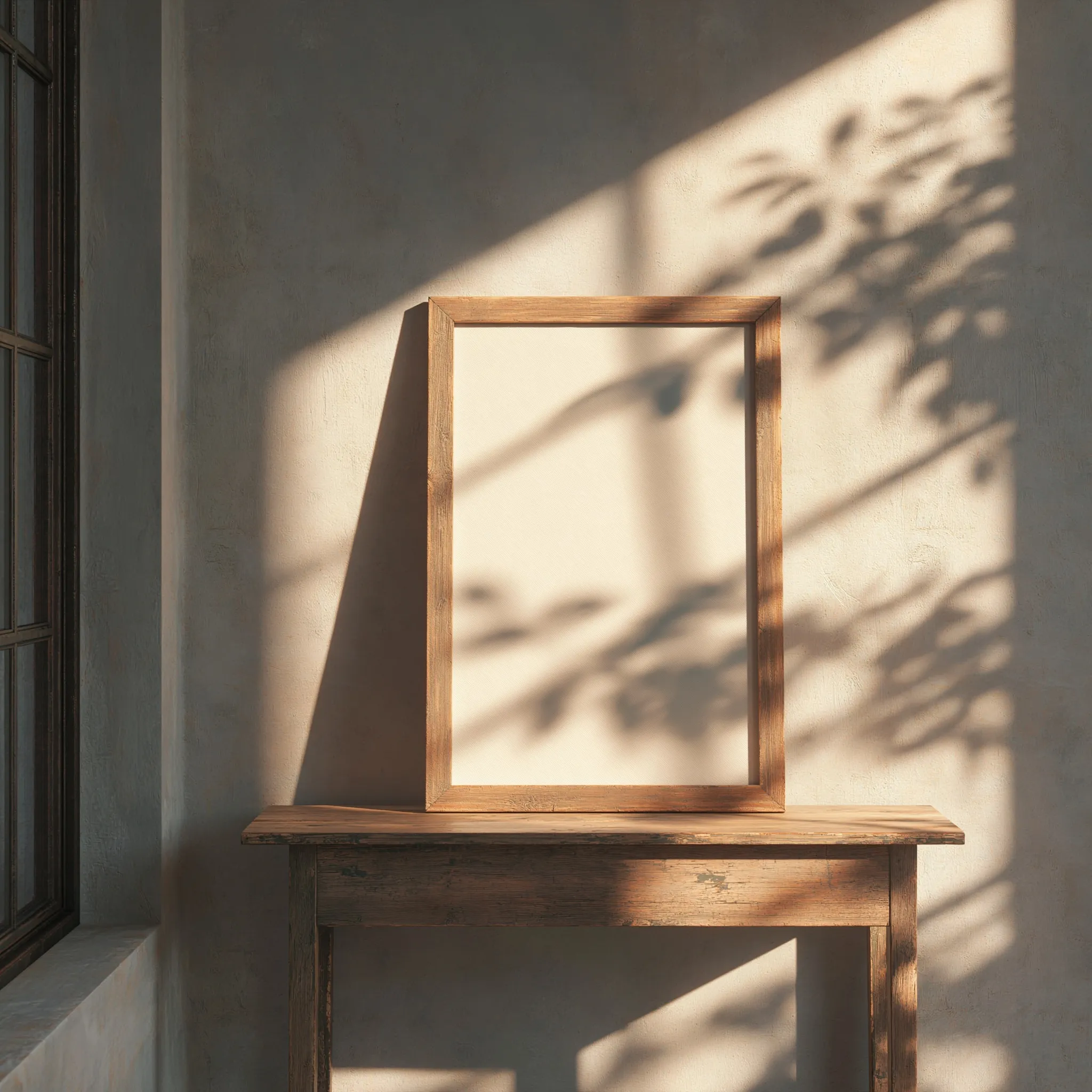 Vertical blank canvas in a rustic wood frame on a distressed console table with soft leaf shadows by a window.