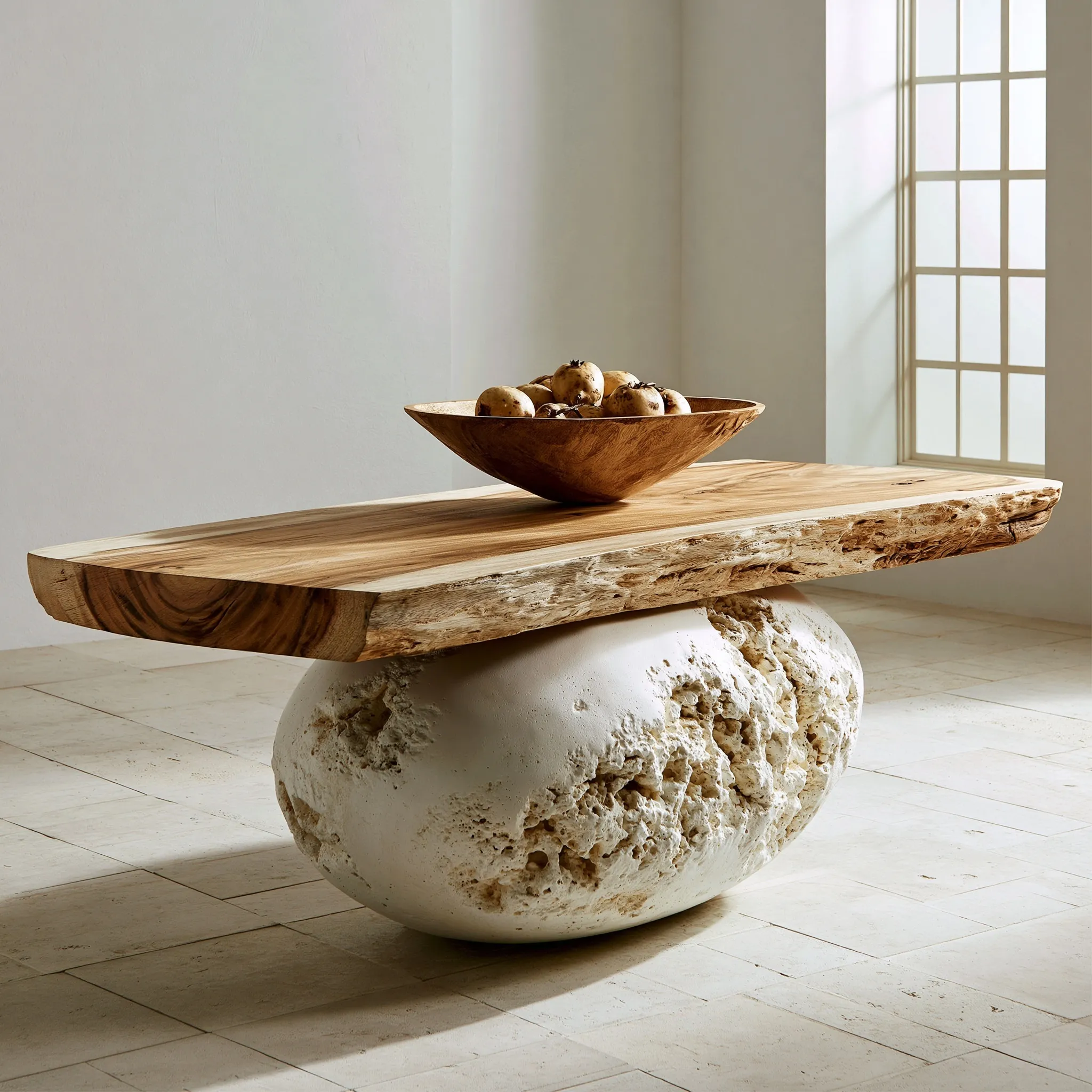 Live edge chamcha wood console table with a textured white ovoid boulder base in a modern organic design.