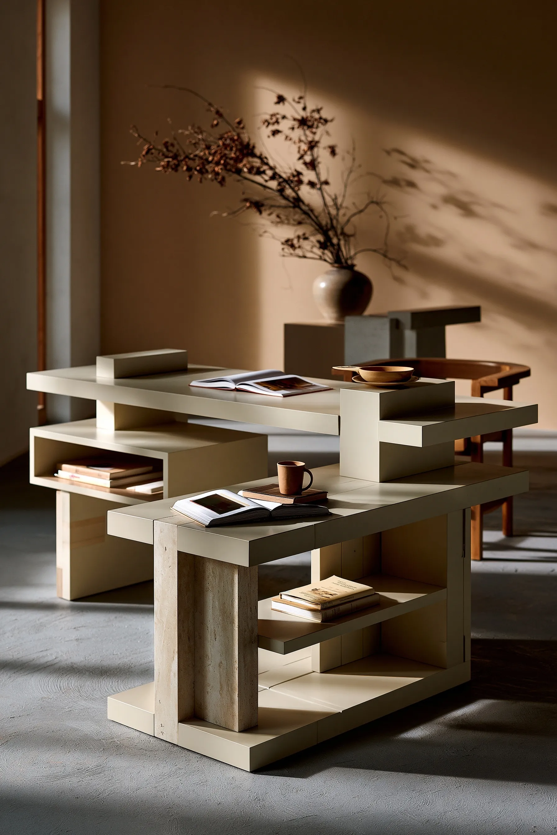 Contemporary designer small console table with clean geometric lines on a soft neutral studio background.