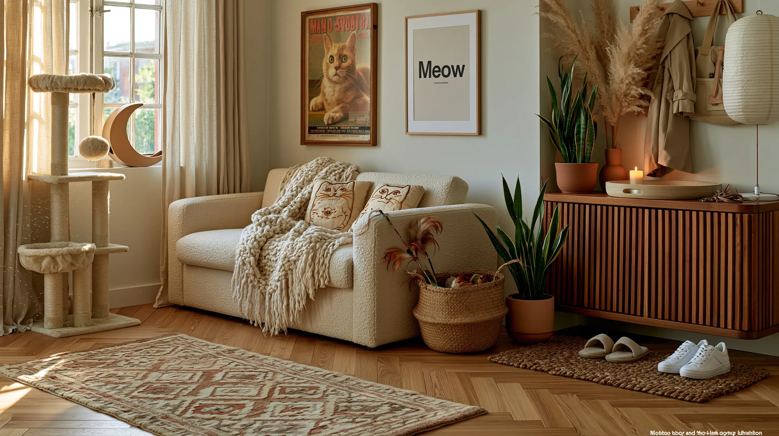 Cozy entryway featuring a modern slatted wood shoe cabinet with plants, decor, and a jute rug in a sunlit home.