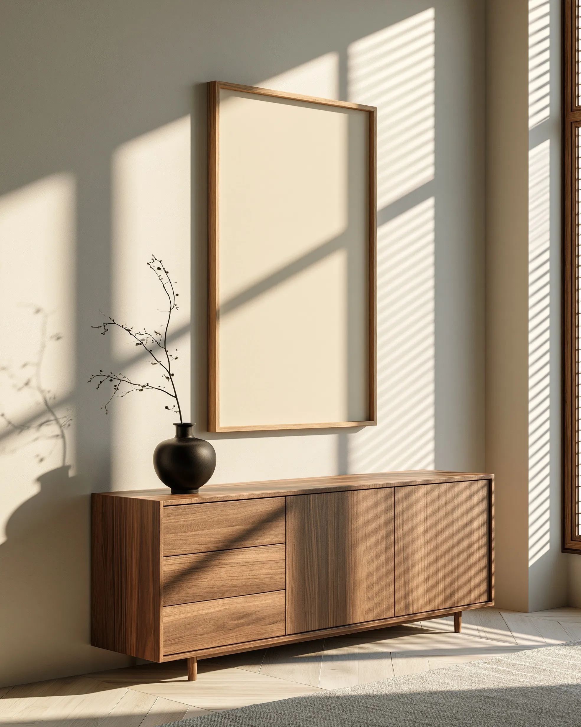 Japandi interior with a natural oak frame above a walnut console table, soft window lighting and striped shadows.