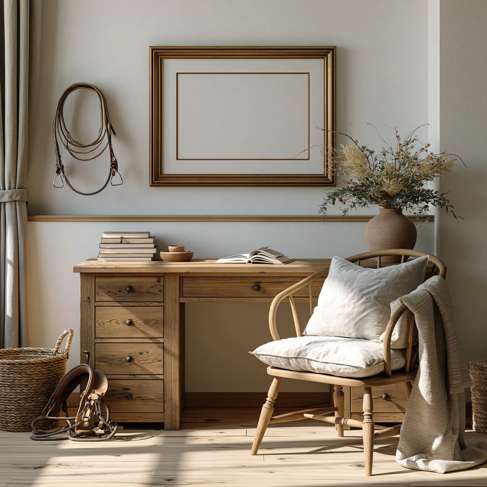 A small wooden console table in a rustic western ranch office with horse tack decor and warm natural sunlight.
