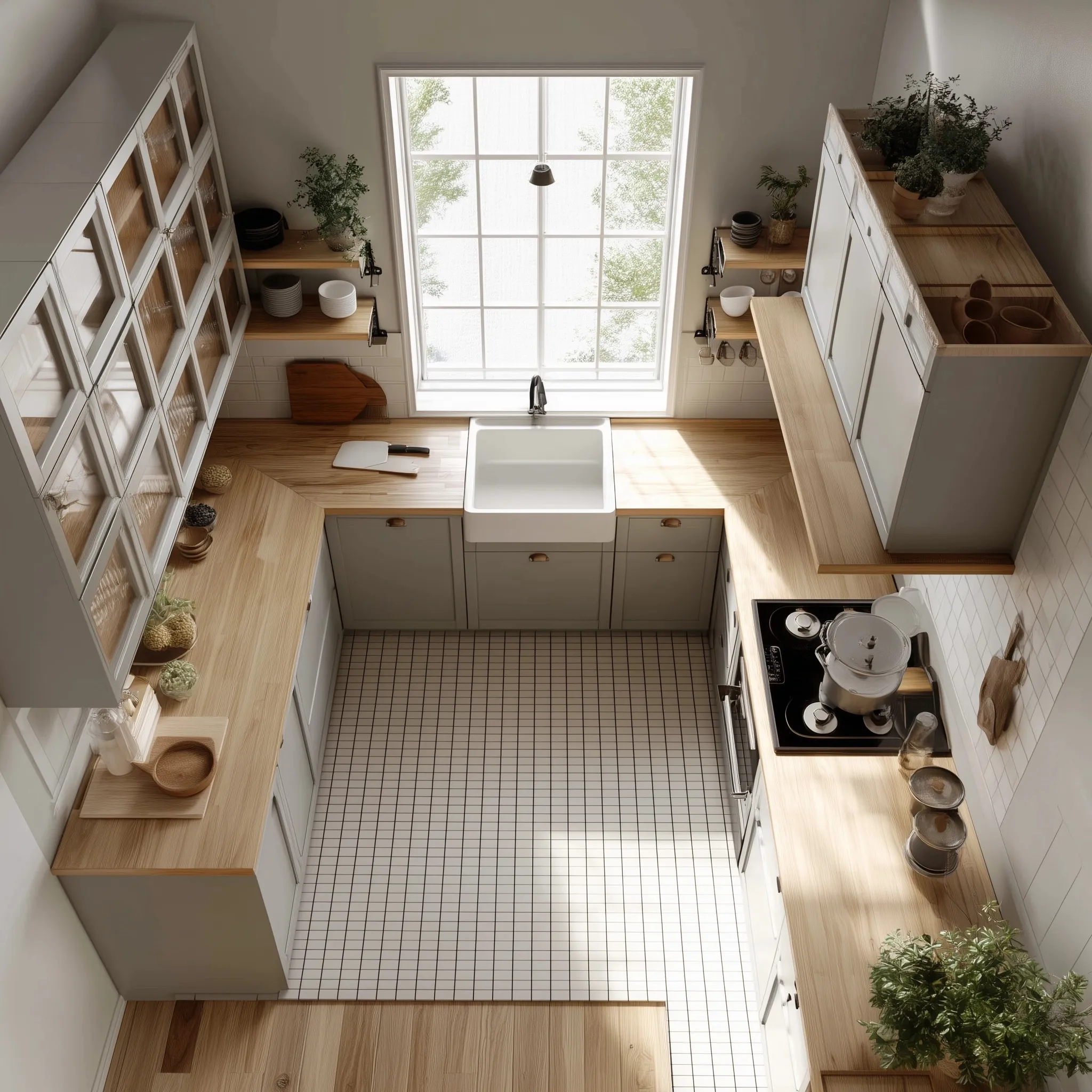 Scandinavian-inspired small minimalist kitchen seen from a bird's eye view with clean lines and neutral tones.
