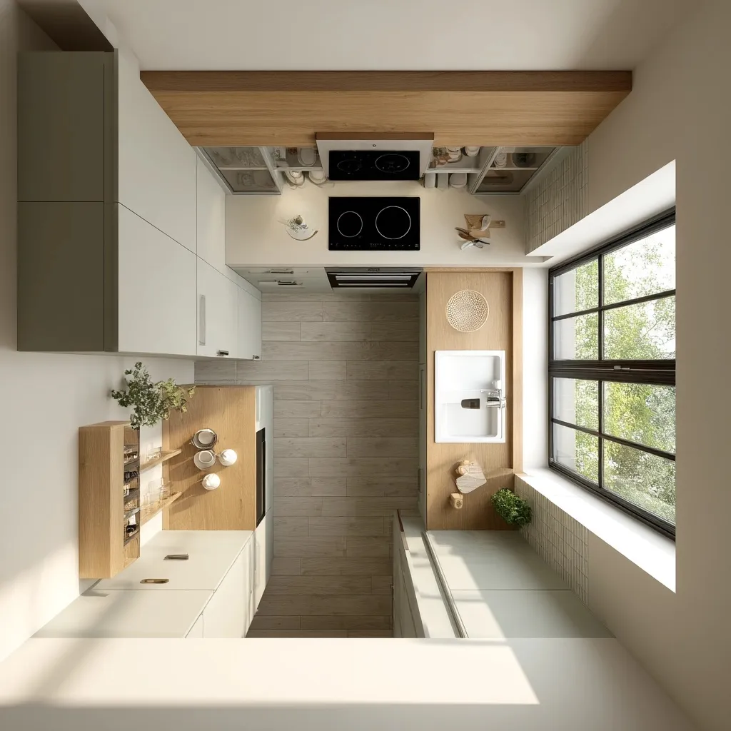 Minimalist L-shaped kitchen interior with a bright window, neutral aesthetic, and modern compact design.