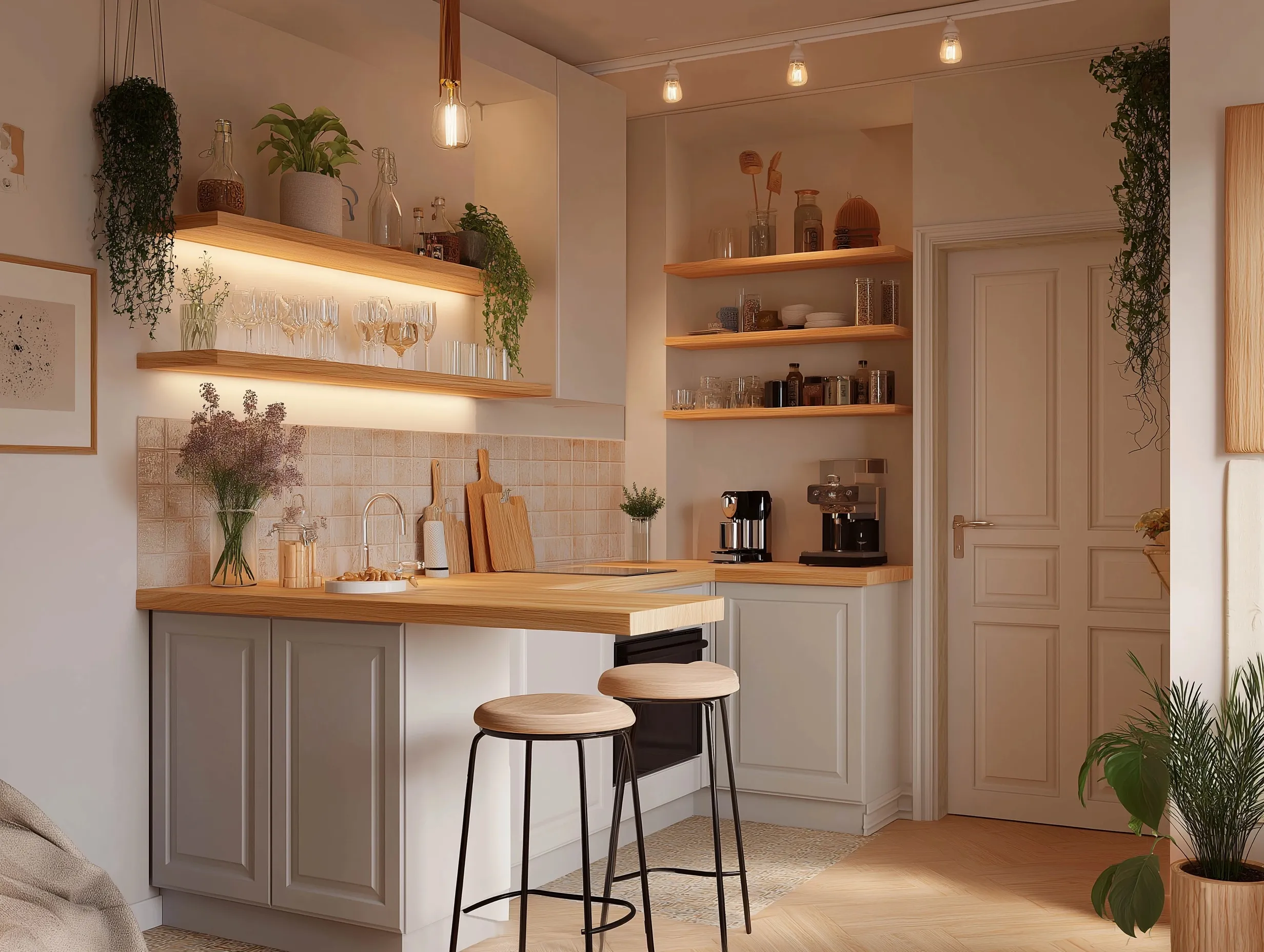 Stylish minimalist small apartment kitchen with wooden shelves, sink, oven, and bar stools in warm lighting.