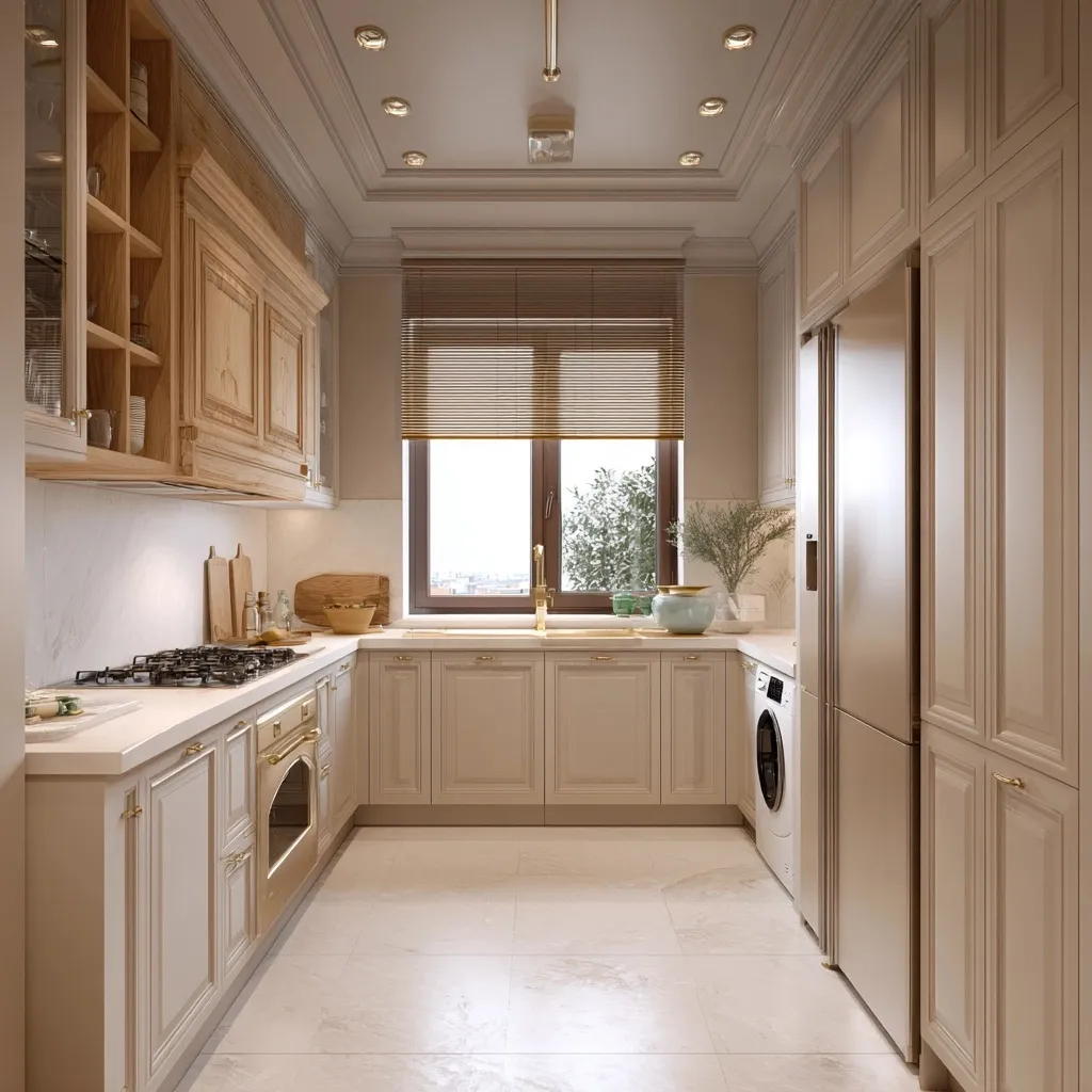 Minimalist neo-classic kitchen in beige and wood tones with a gas stove, integrated appliances, and bright window.