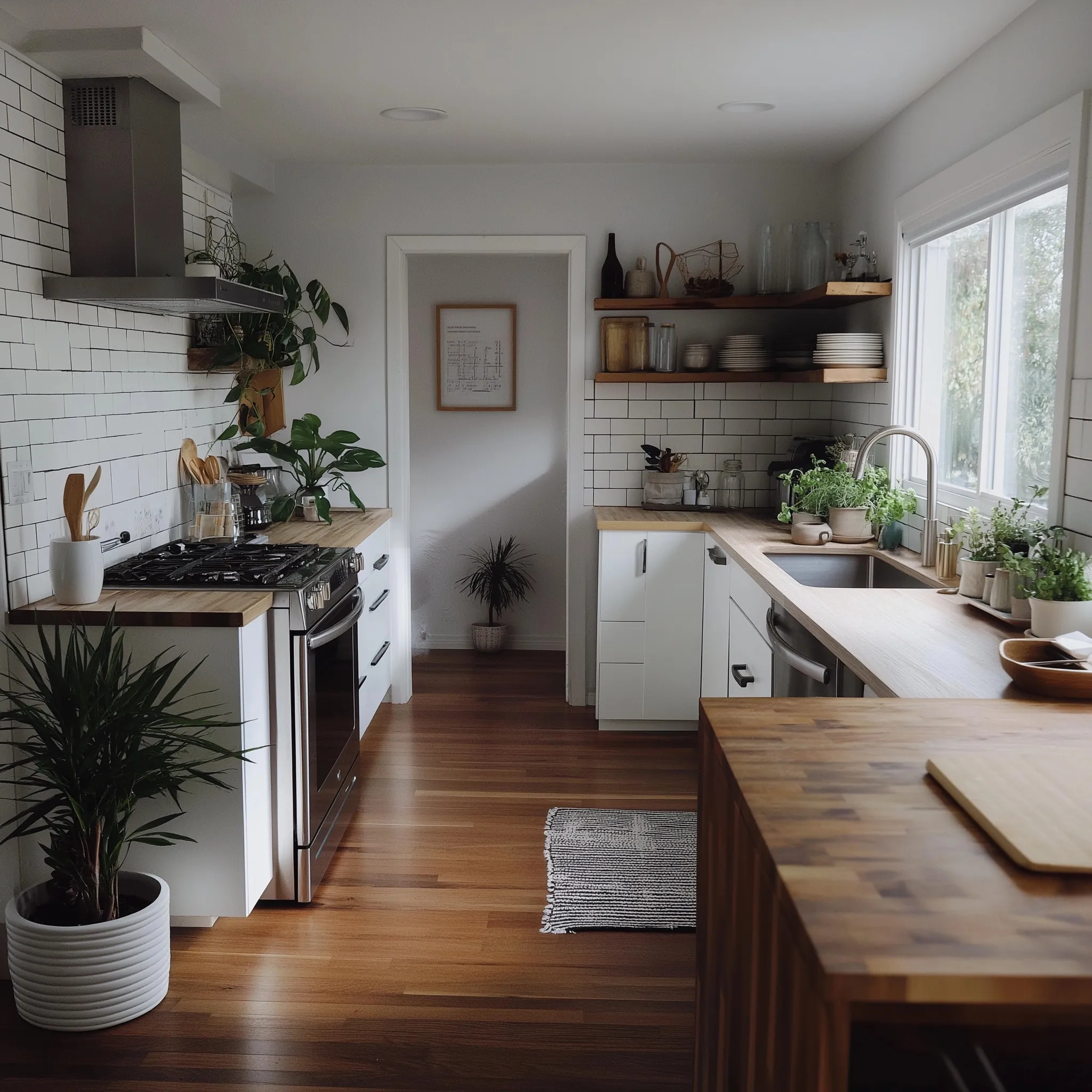 Minimalist small kitchen interior with intentional family lifestyle, yoga mat, running shoes, and organized decor.