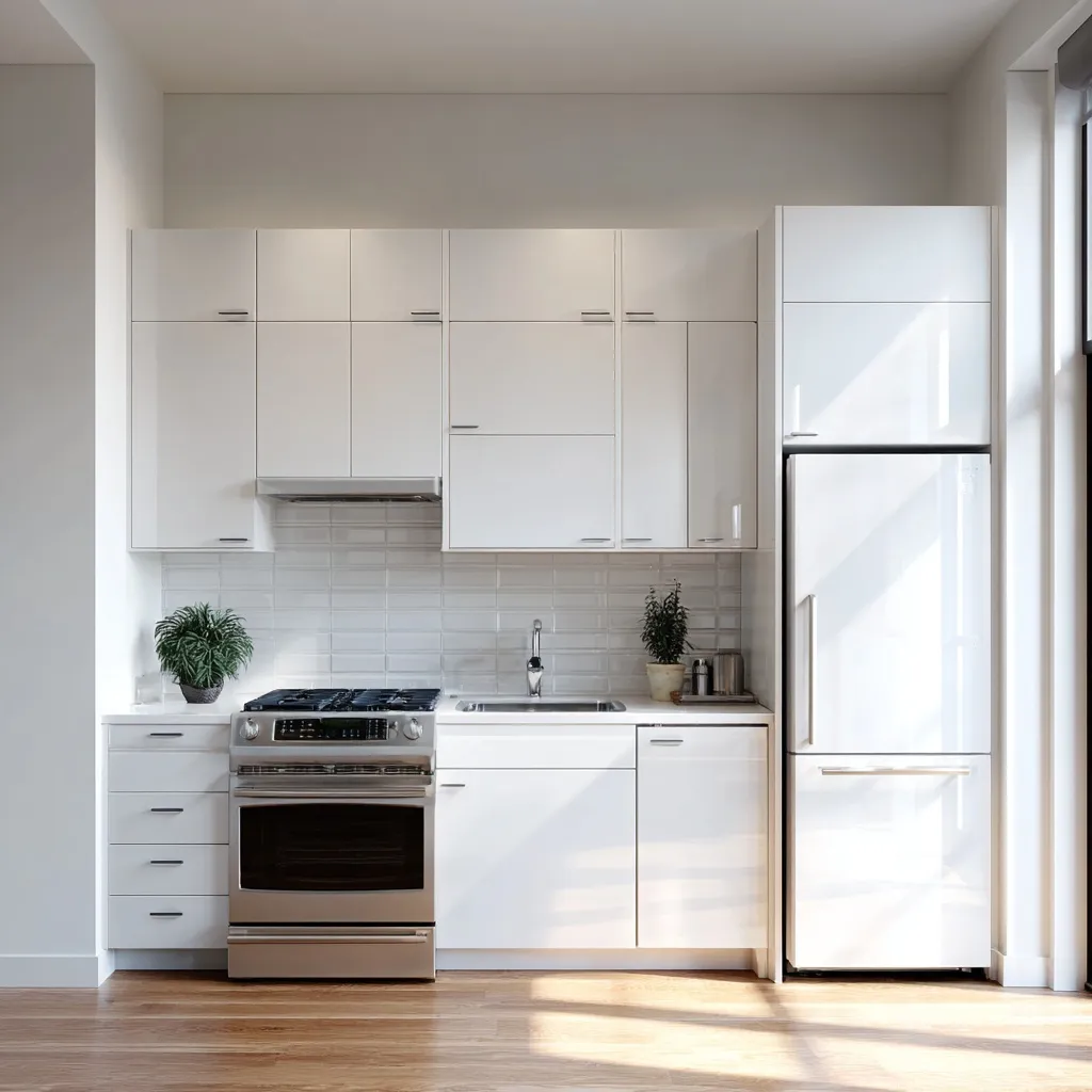 Modern minimalist small kitchen with navy blue flat-panel cabinetry and integrated appliances in a compact space.