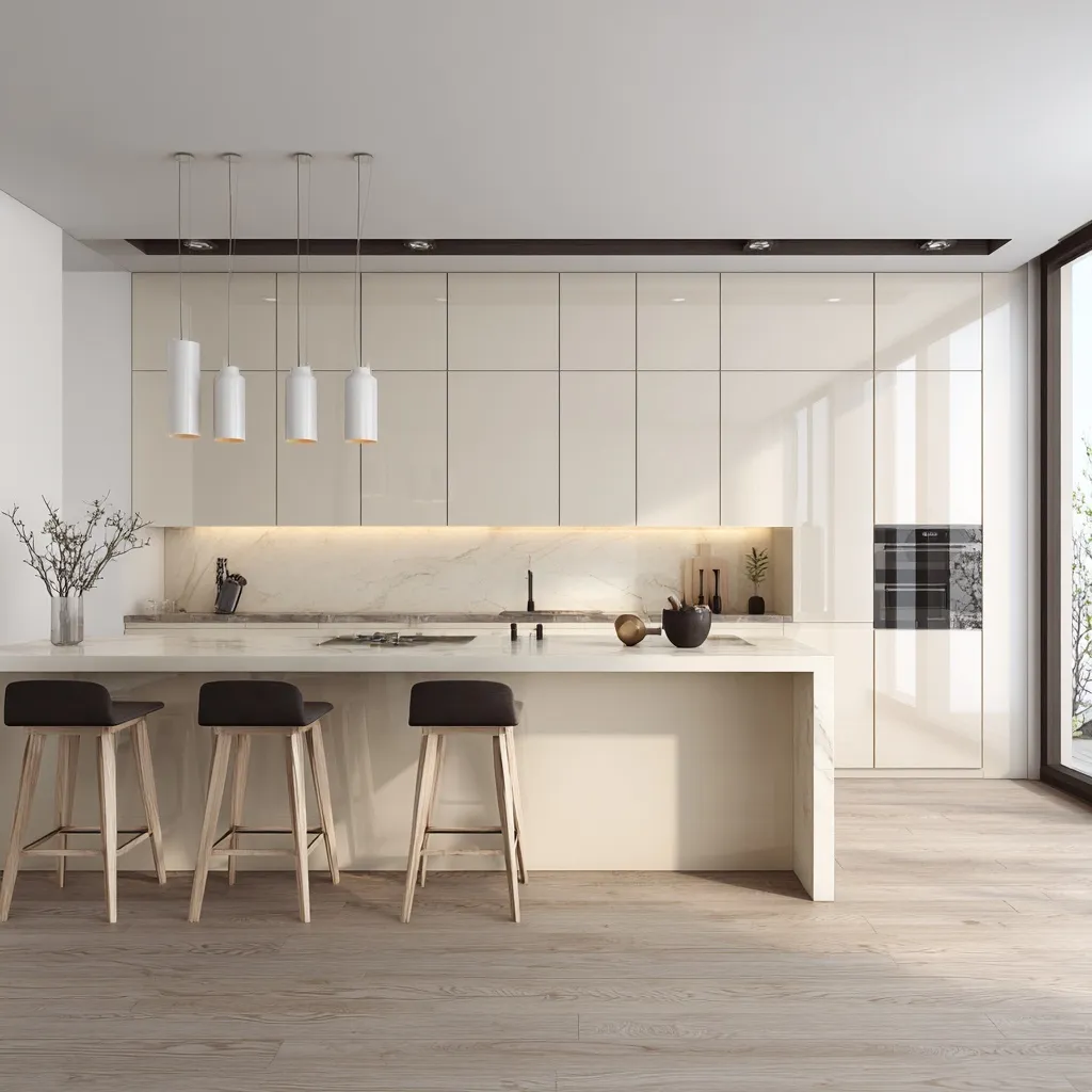 Modern minimalist small off-white kitchen with clean lines and empty floor space, no island seating.