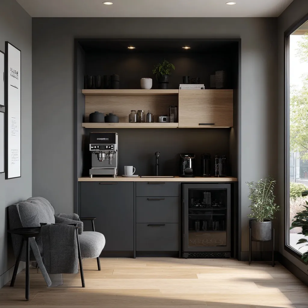 Minimalist black and grey mini kitchenette with espresso machine, grinder, and mini fridge in a small office space.