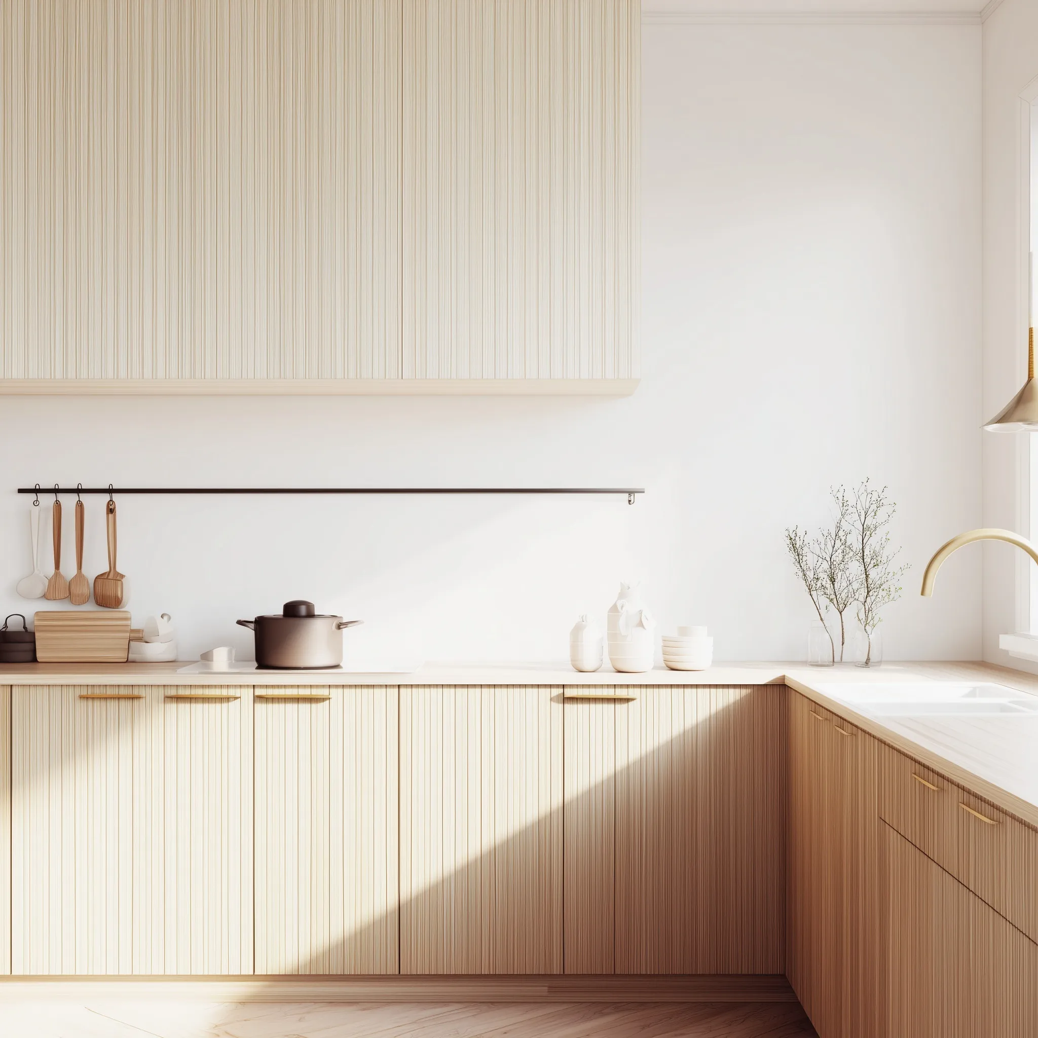 Minimalist Scandinavian kitchen interior with light beige wood cabinets and soft warm lighting.